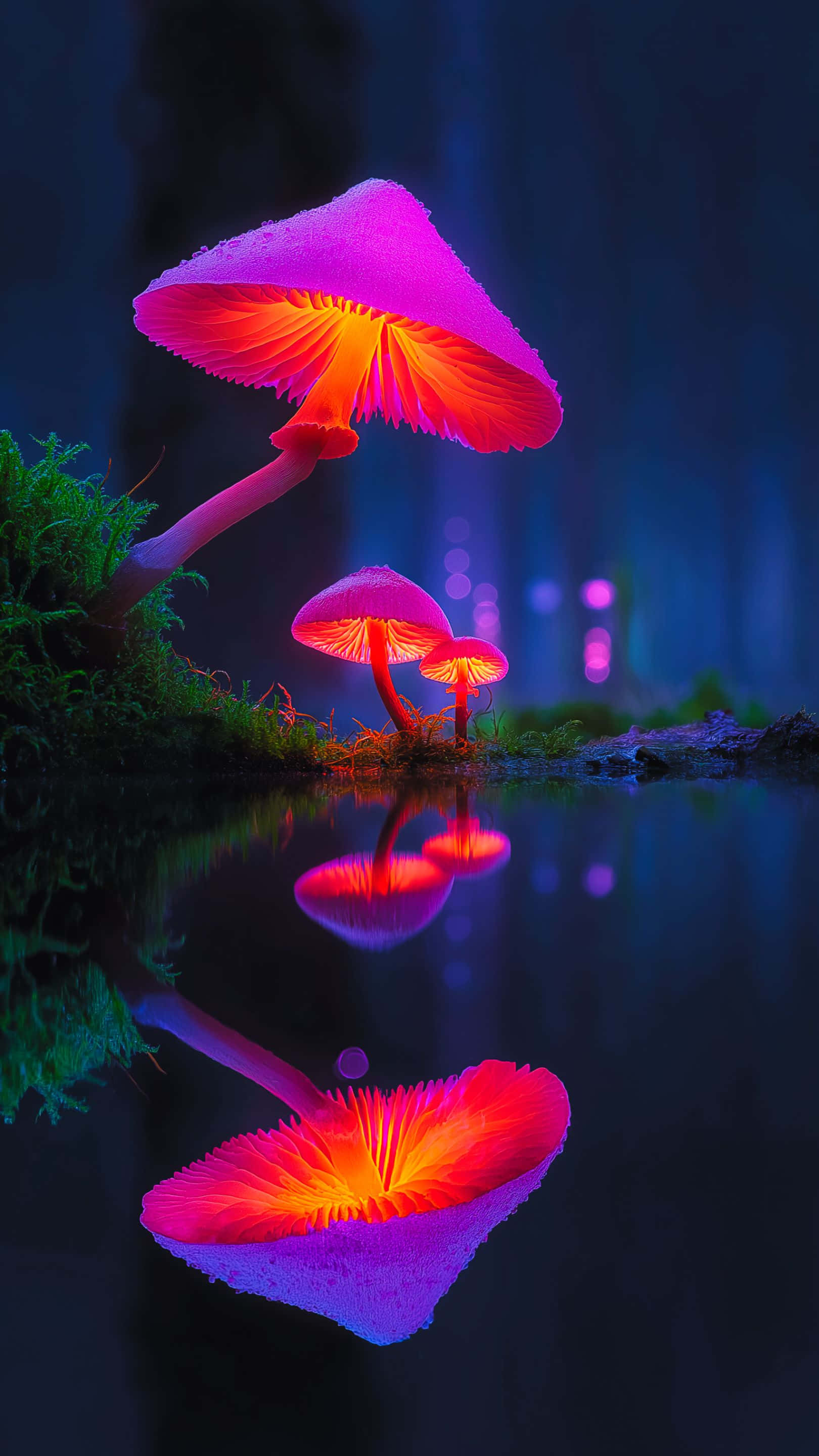 bioluminescent mushrooms, mystical forest, pink caps, 2K Phone Wallpaper