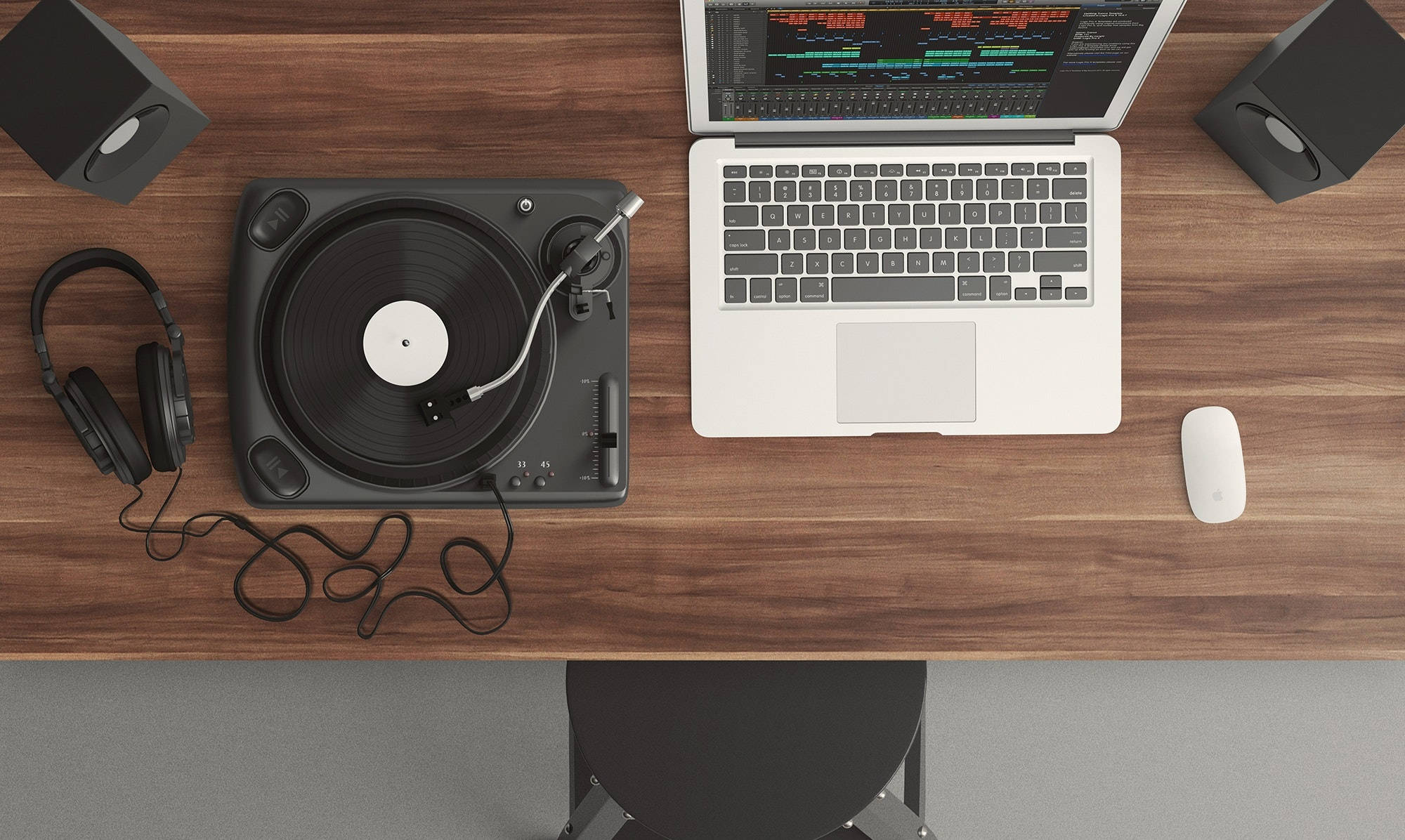 Music 4K, wooden desk, turntable, Full HD Desktop Wallpaper