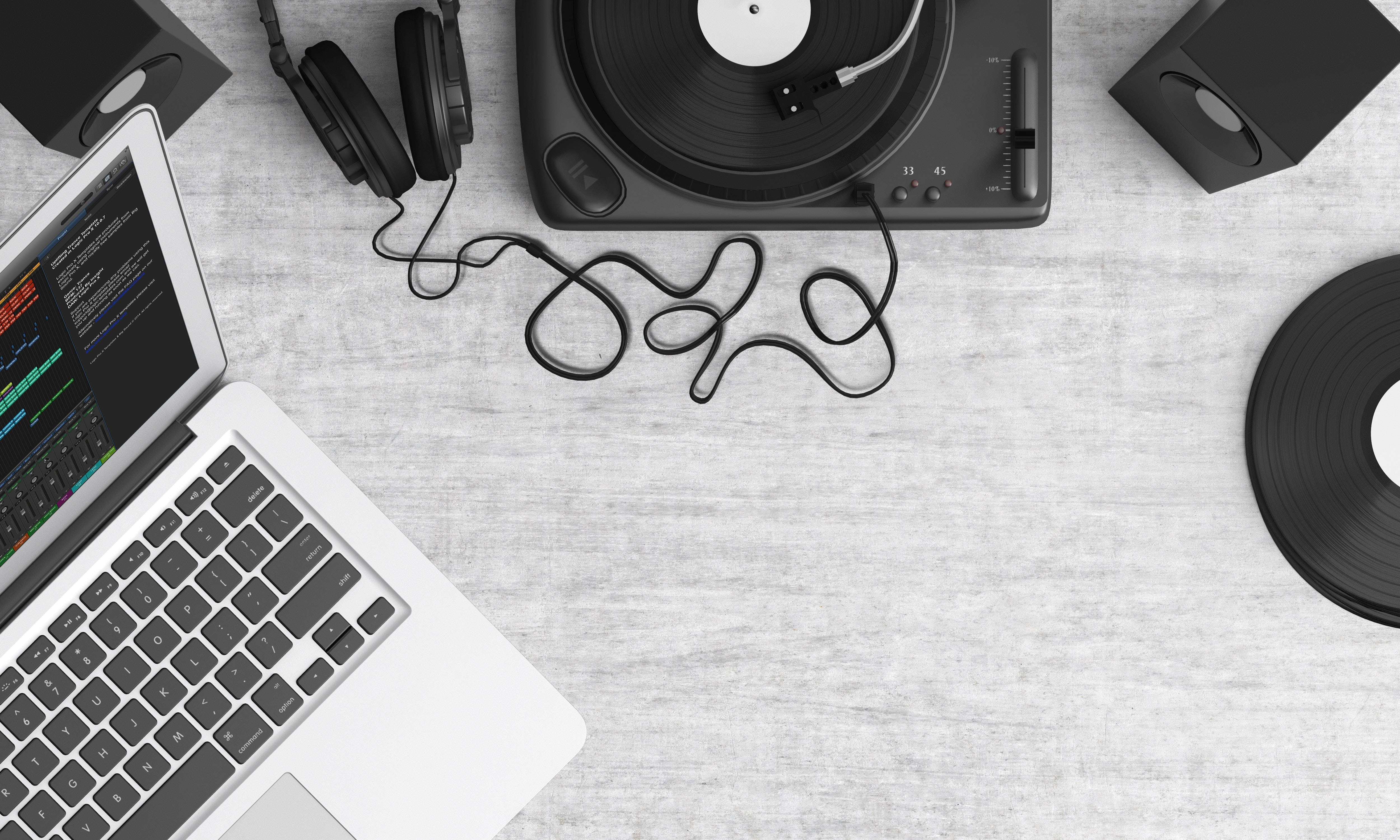 Music 4K, laptop, vinyl record player, 4K Desktop Wallpaper