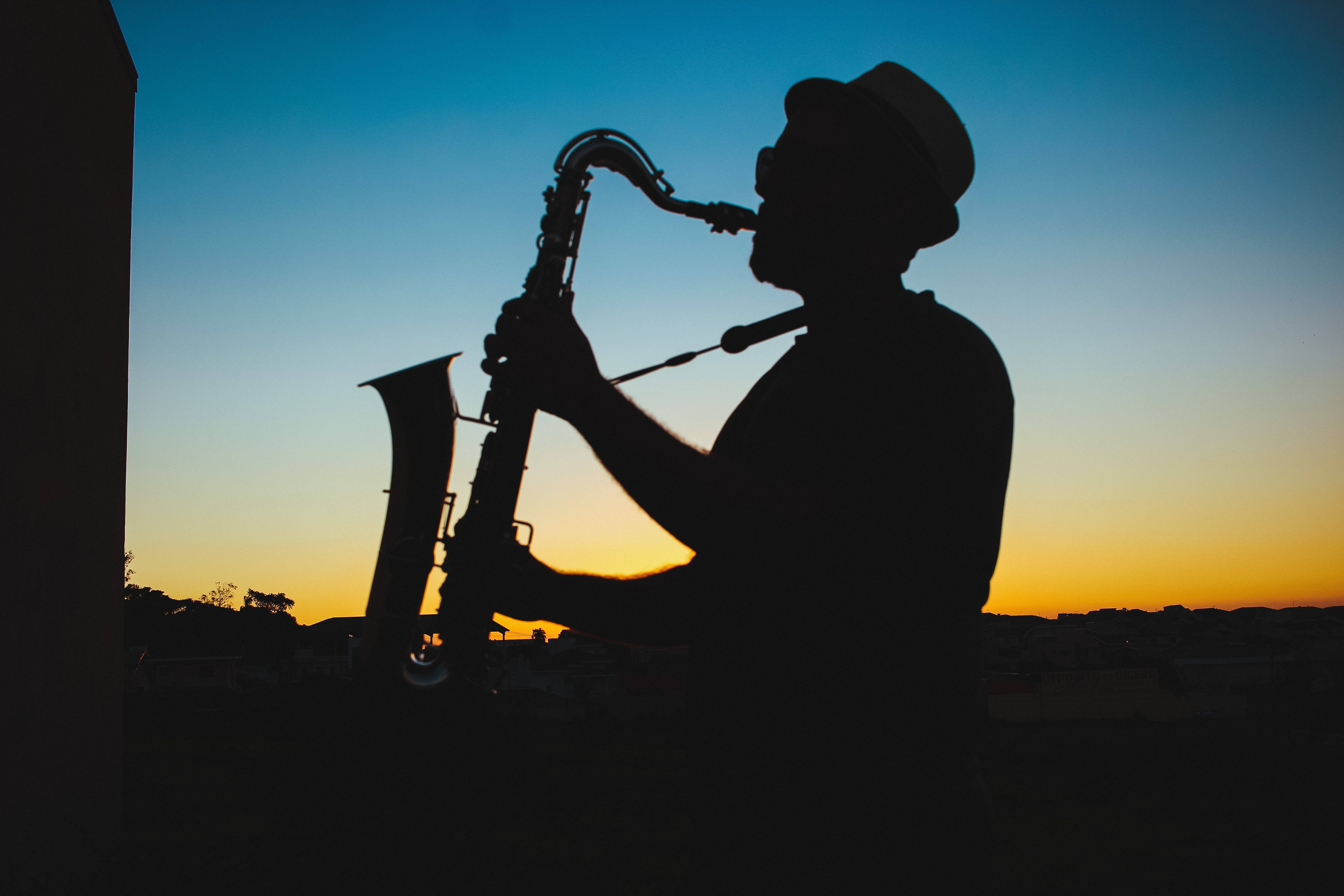 silhouette, saxophonist, saxophone, 5K Desktop Wallpaper