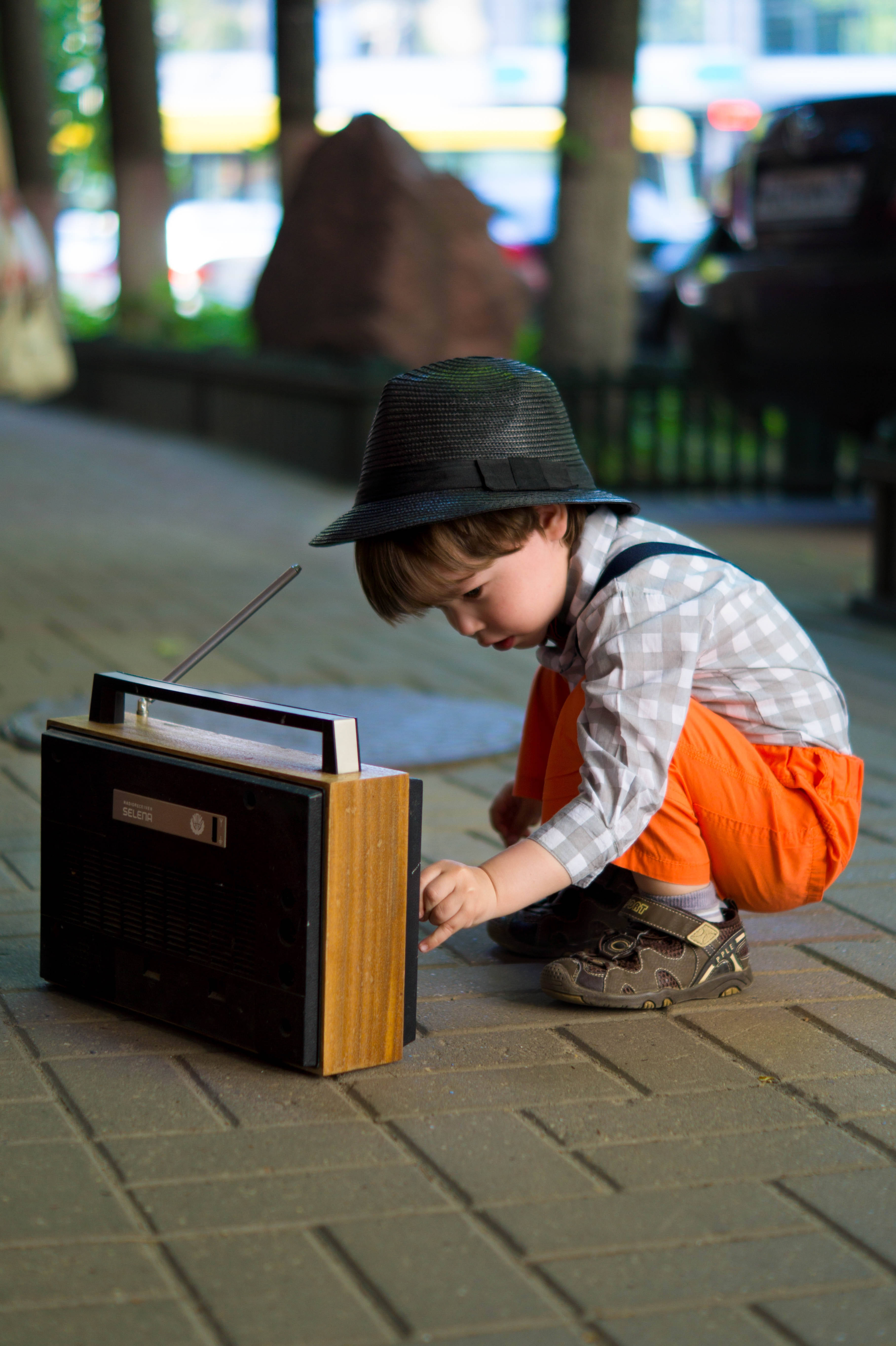 kid, black hat, orange pants, 5K Phone Wallpaper