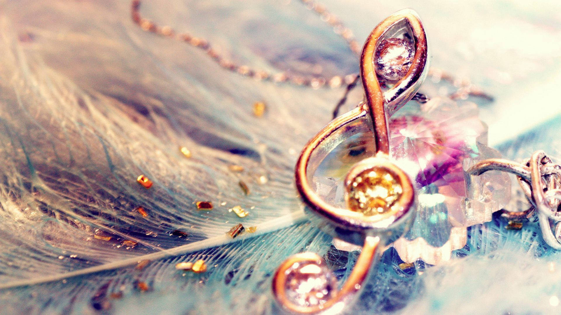 golden treble clef pendant, sparkling gems, soft blue feather, Full HD Desktop Wallpaper