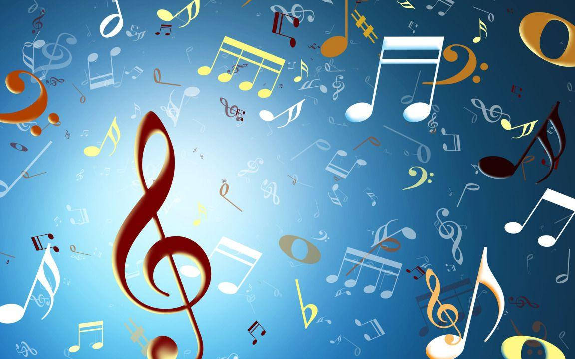 vibrant blue background, floating colorful musical notes, large treble clef, SD Desktop Wallpaper