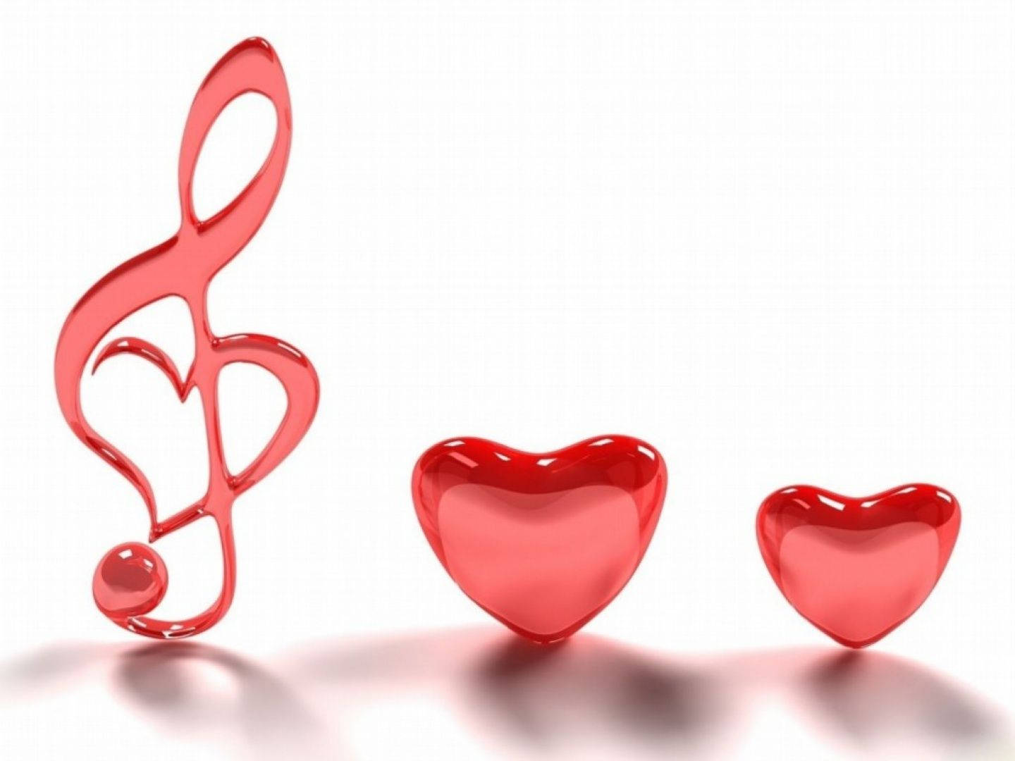 glossy red treble clef, shiny red hearts, white surface, HD Desktop Wallpaper