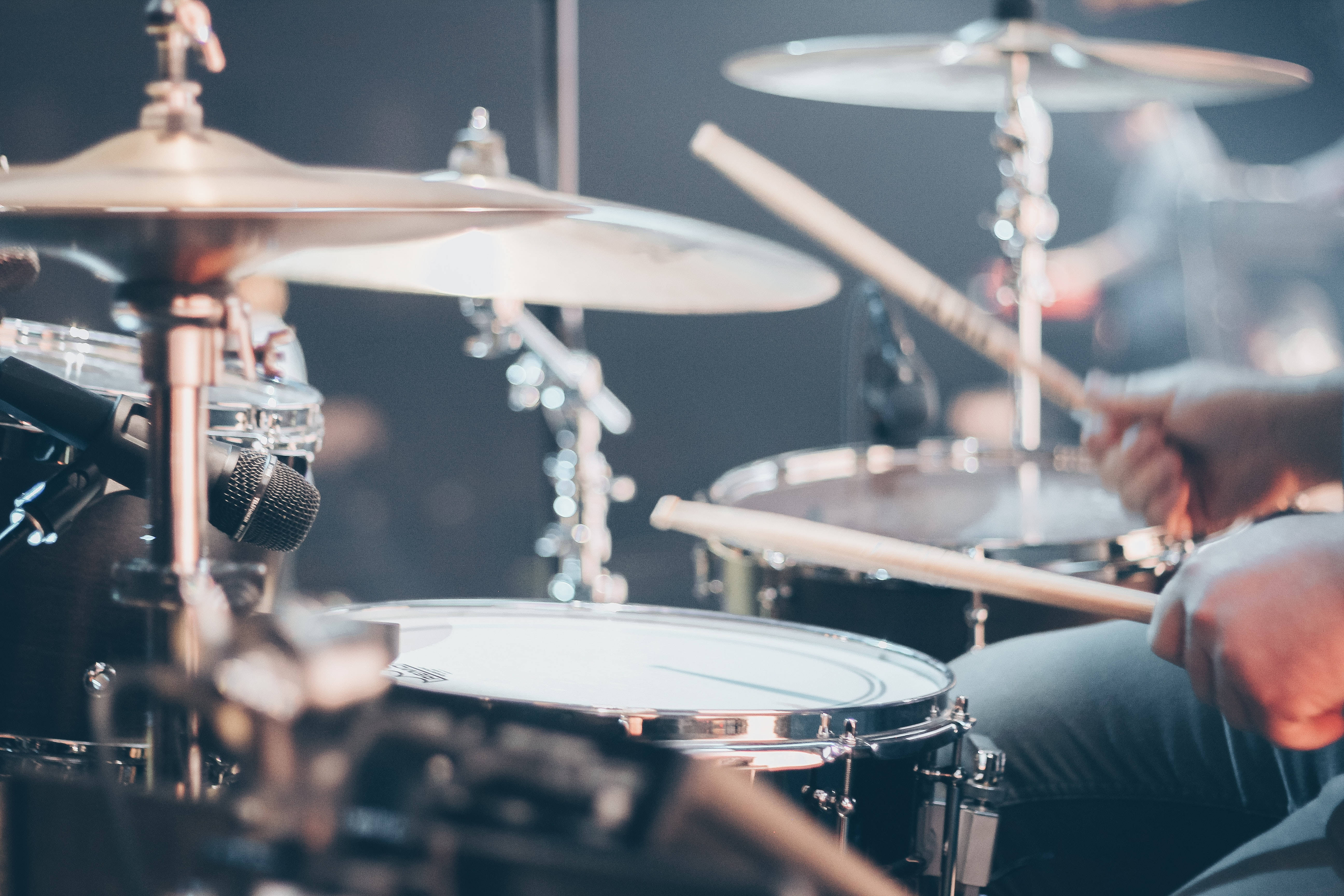 drum set, cymbals, microphone, 5K Desktop Wallpaper