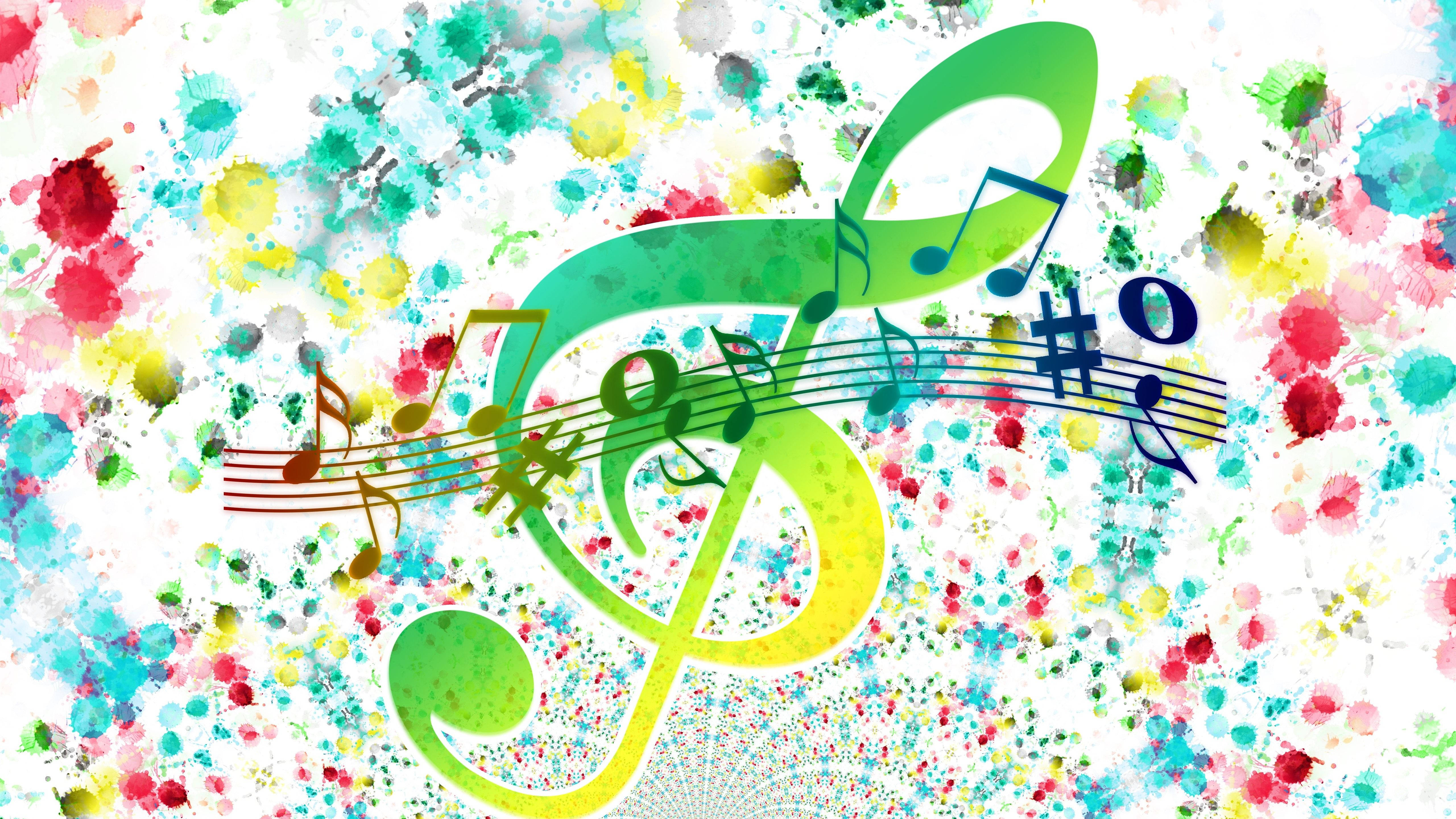 bright green treble clef, musical notes, colorful paint splatters, 5K Desktop Wallpaper