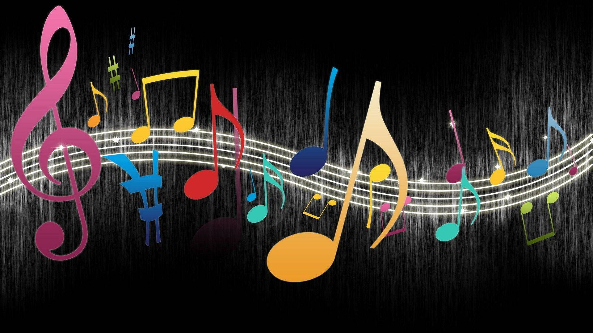 music symbols, glowing staff lines, dark textured background, Full HD Desktop Wallpaper