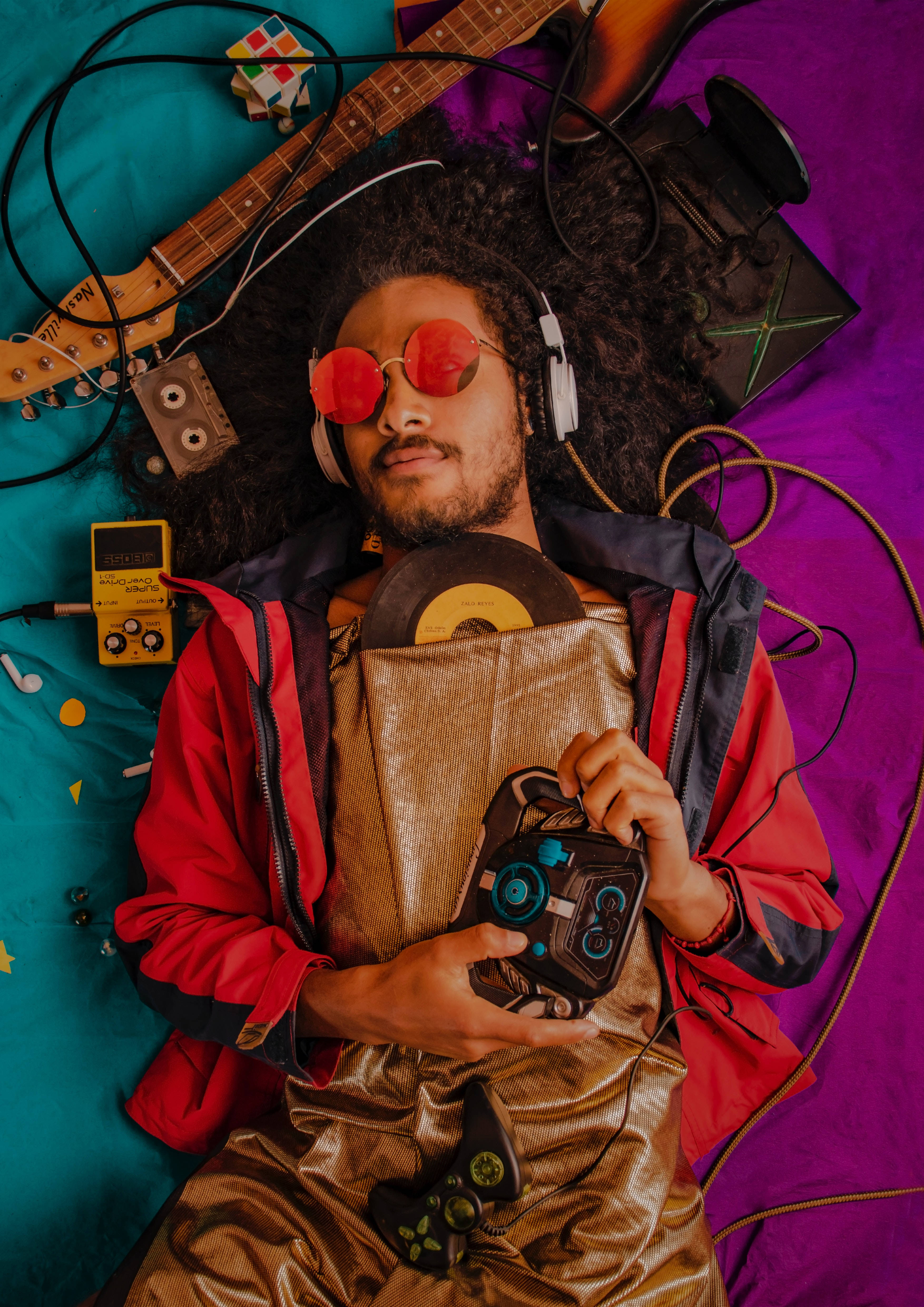 retro music, curly hair, red sunglasses, 4K Phone Wallpaper