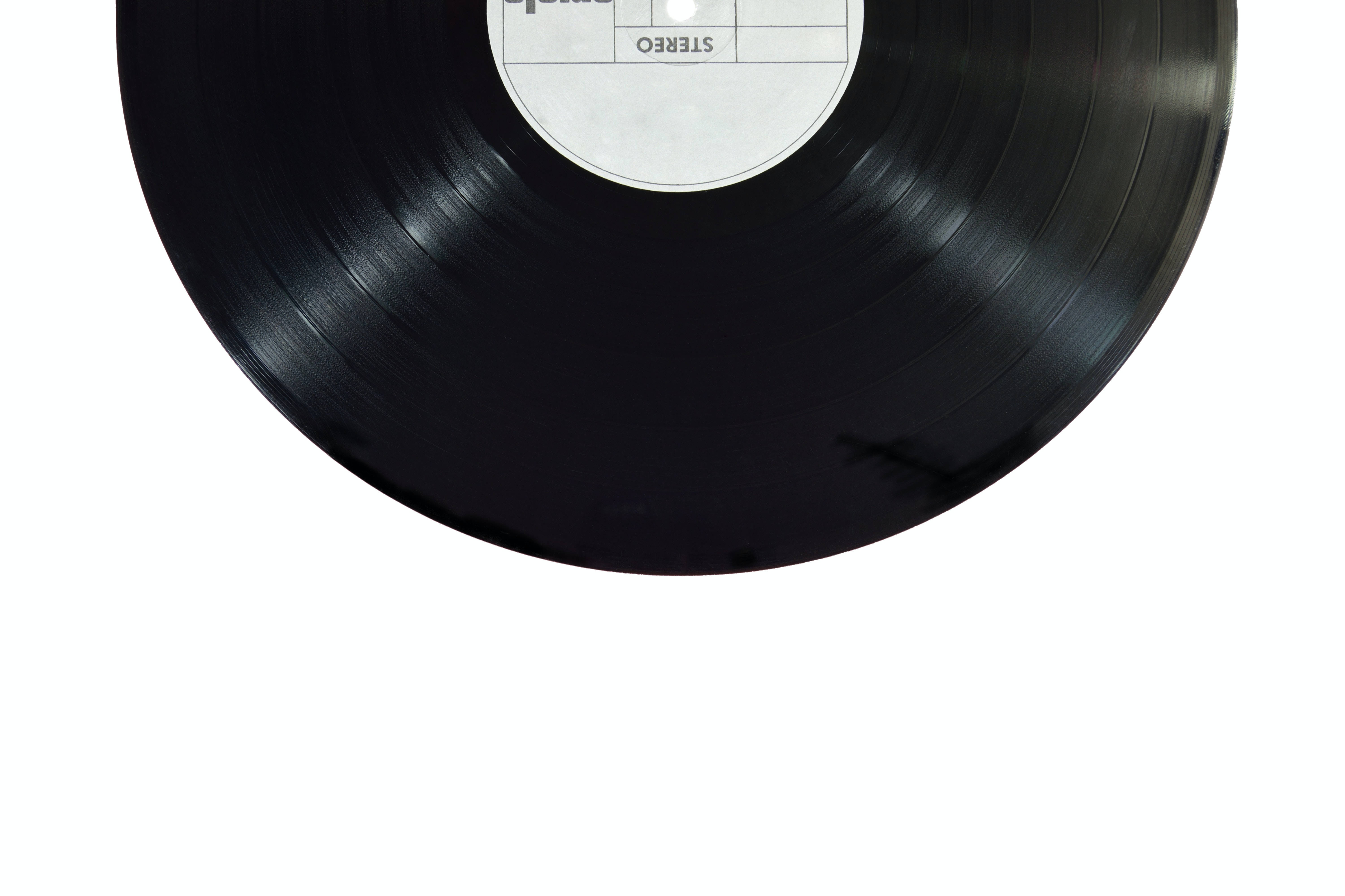 black vinyl record, white label, stark white background, 5K Desktop Wallpaper