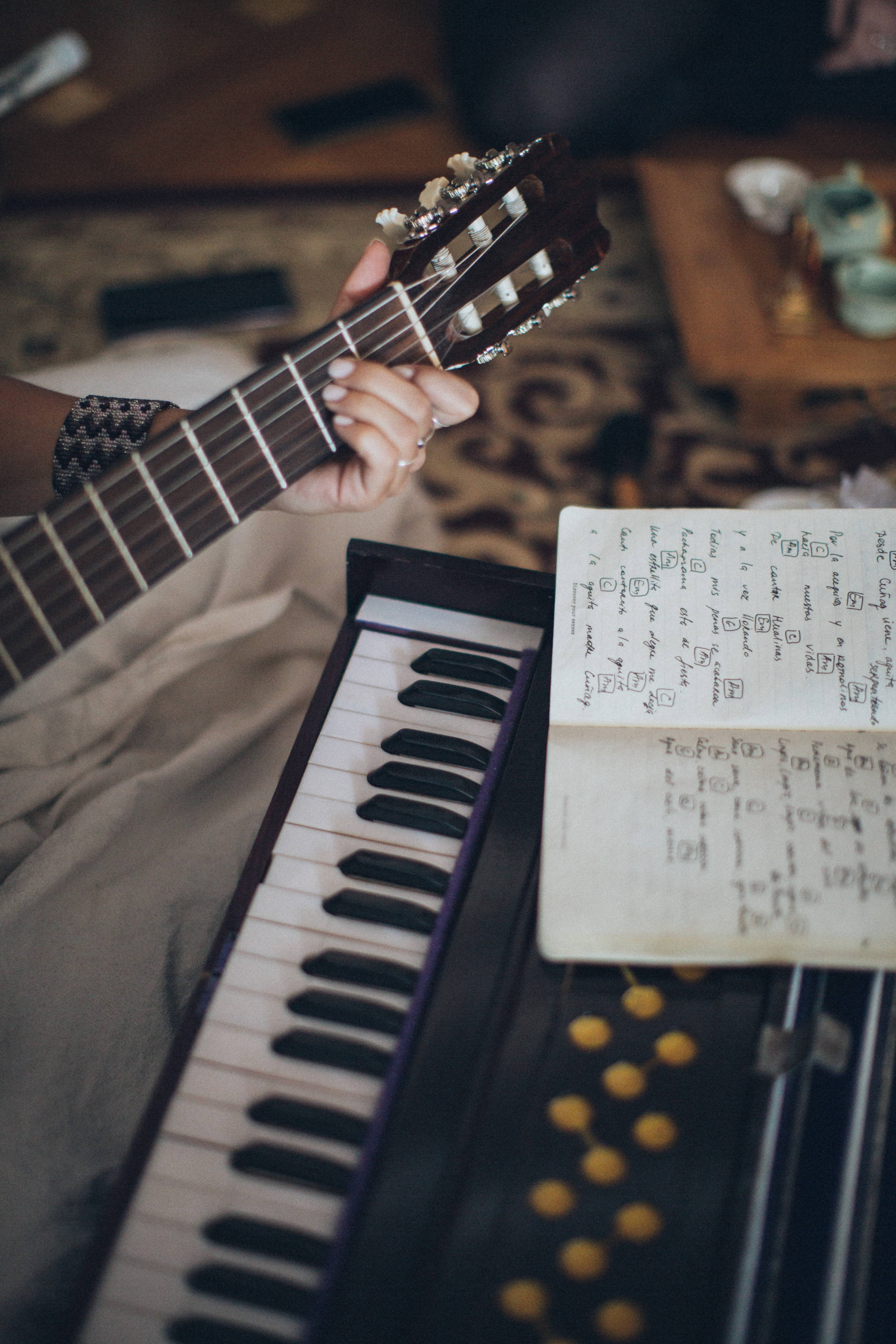 guitar neck, keyboard, hand, 5K Phone Wallpaper