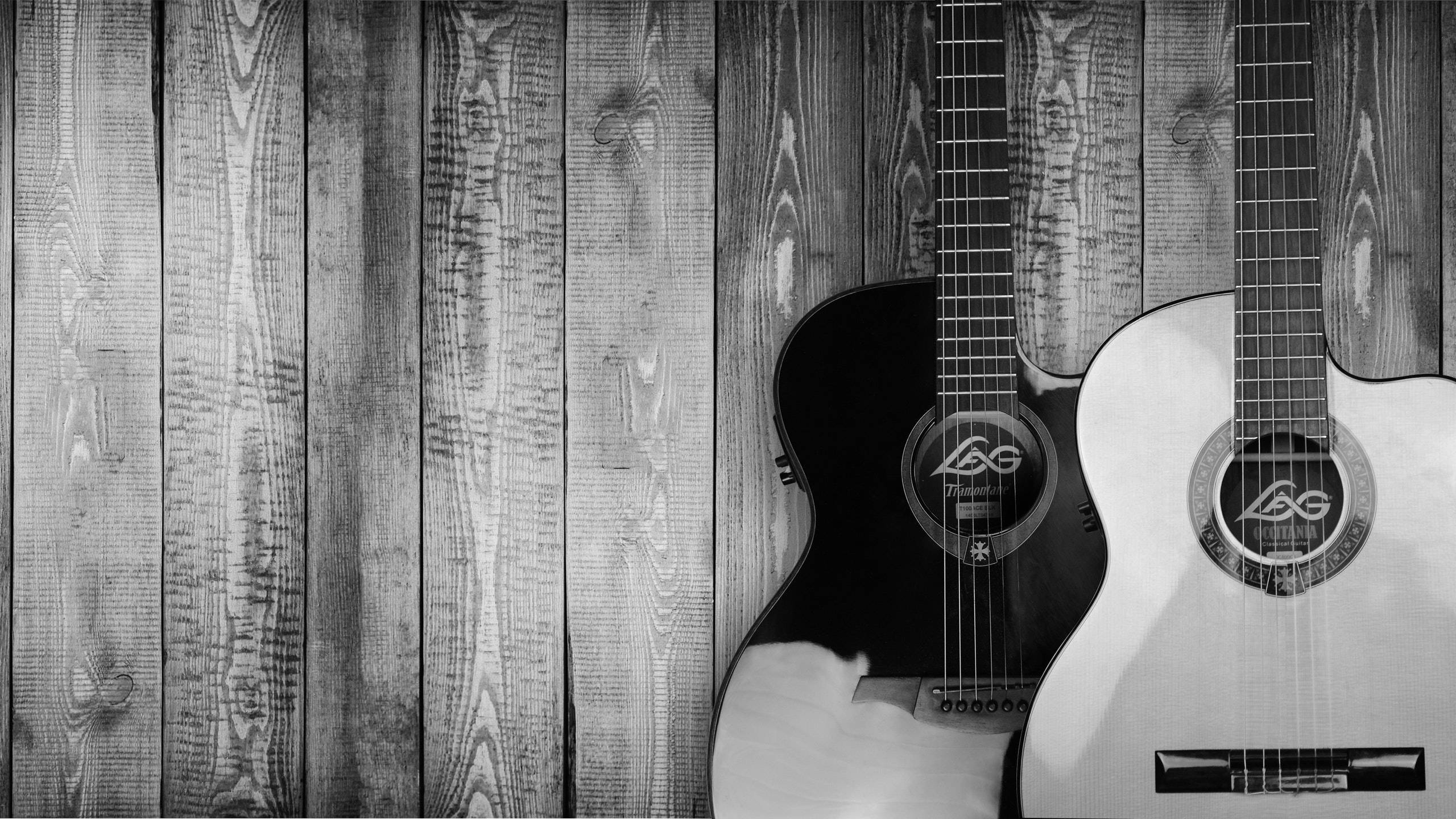 acoustic guitars, black, white, 2K Desktop Wallpaper