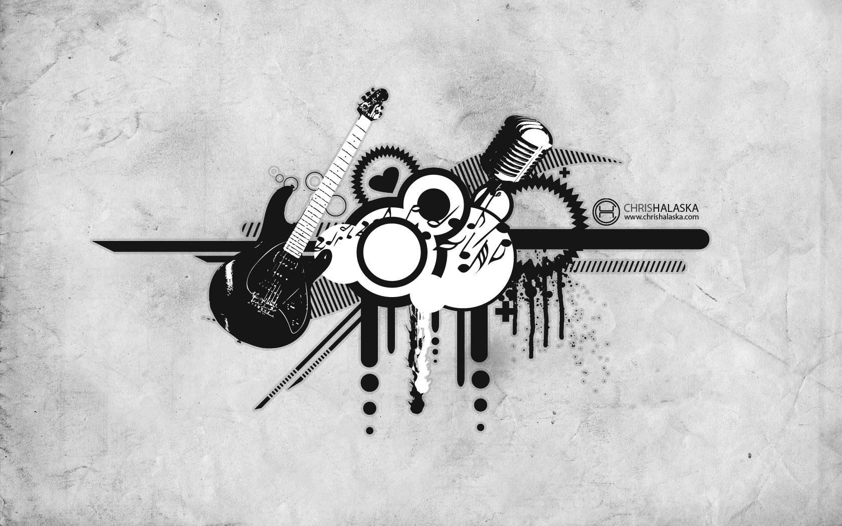 black and white, guitar microphone, musical notes, HD Desktop Wallpaper