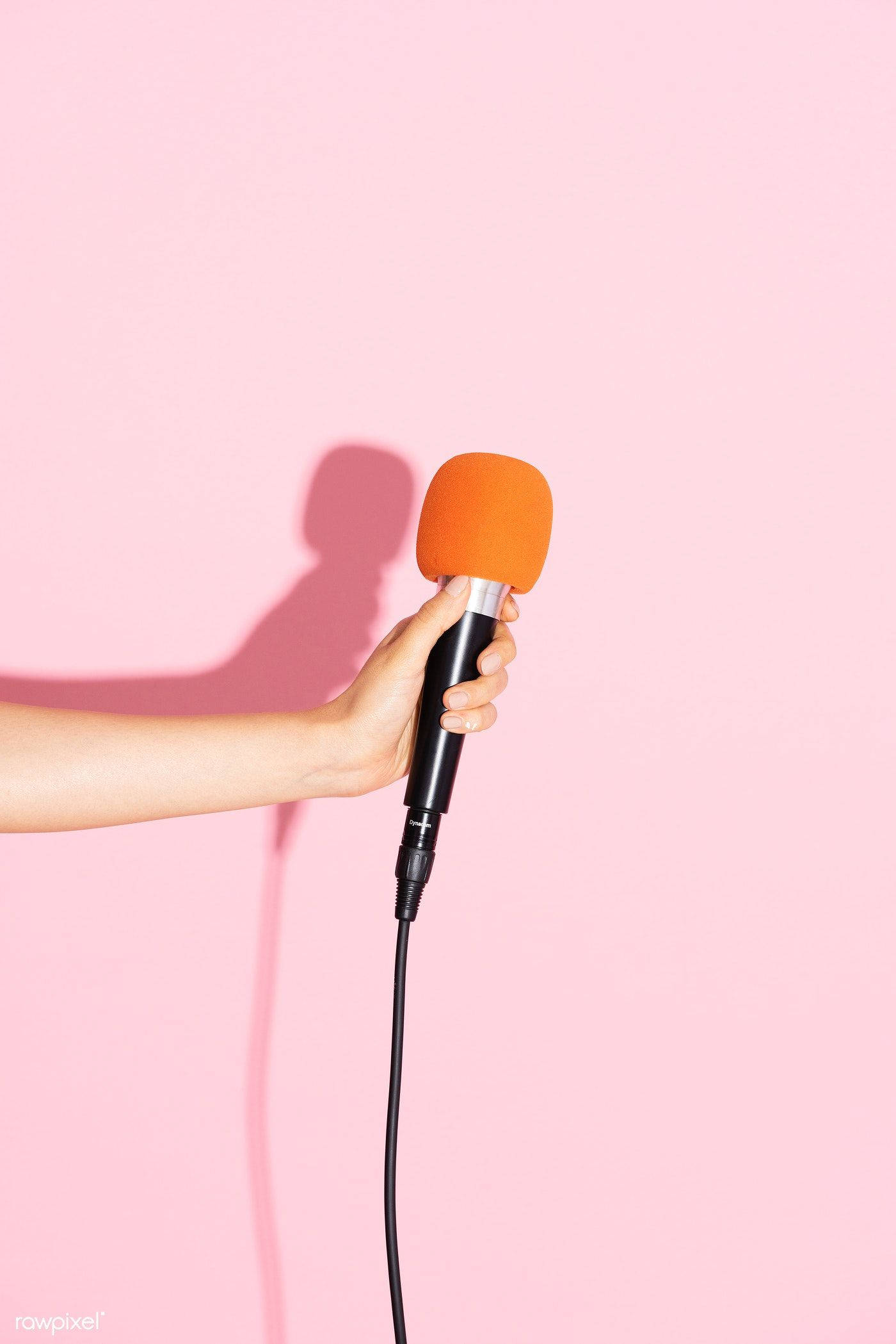 pink background, black microphone, orange foam, Full HD Phone Wallpaper
