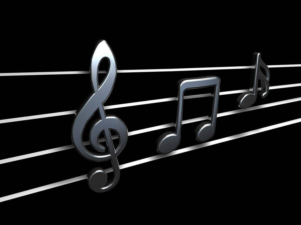 shiny metallic musical notes, treble clef, white staff lines, SD Desktop Wallpaper