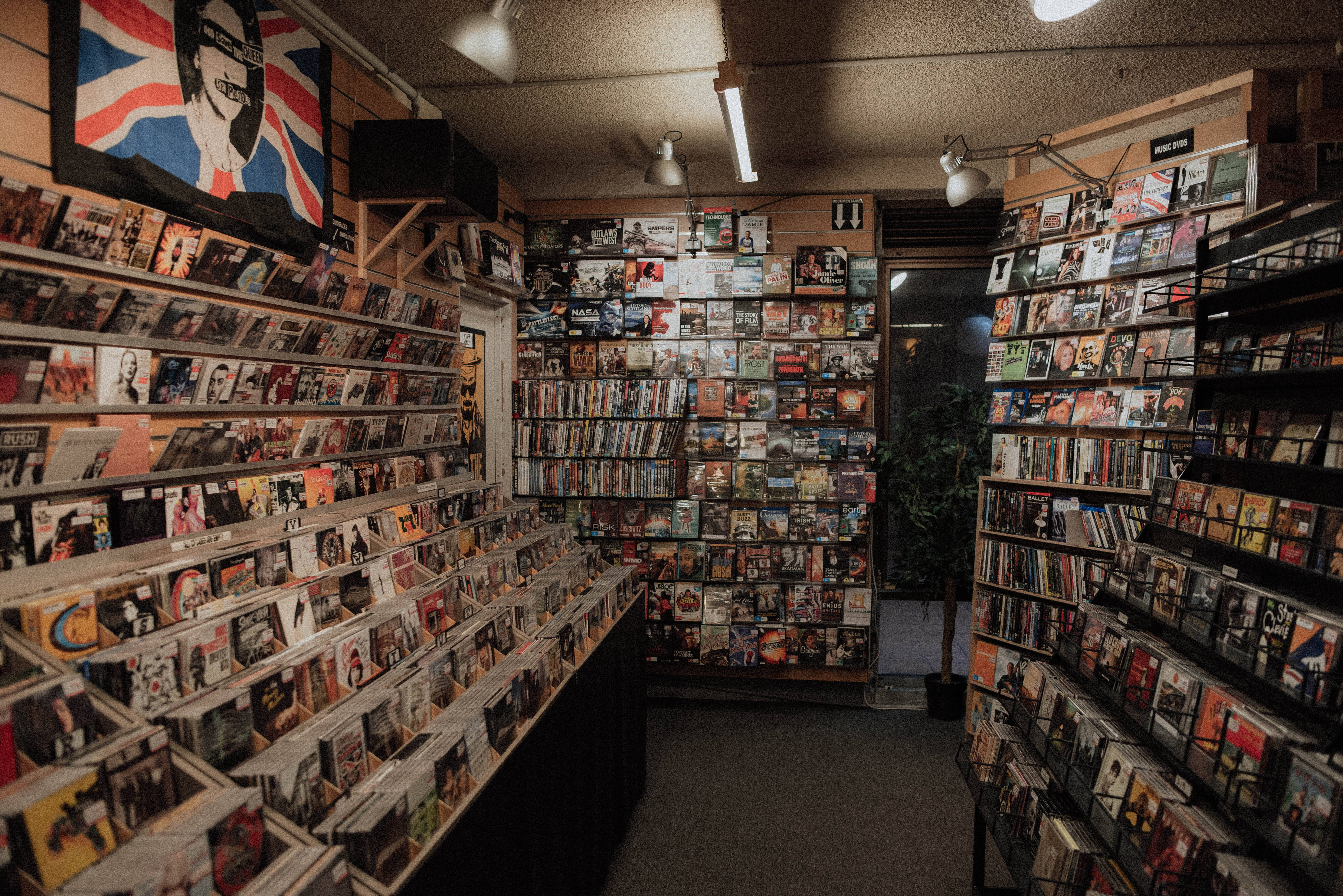 record store, vinyl albums, posters, 5K Desktop Wallpaper