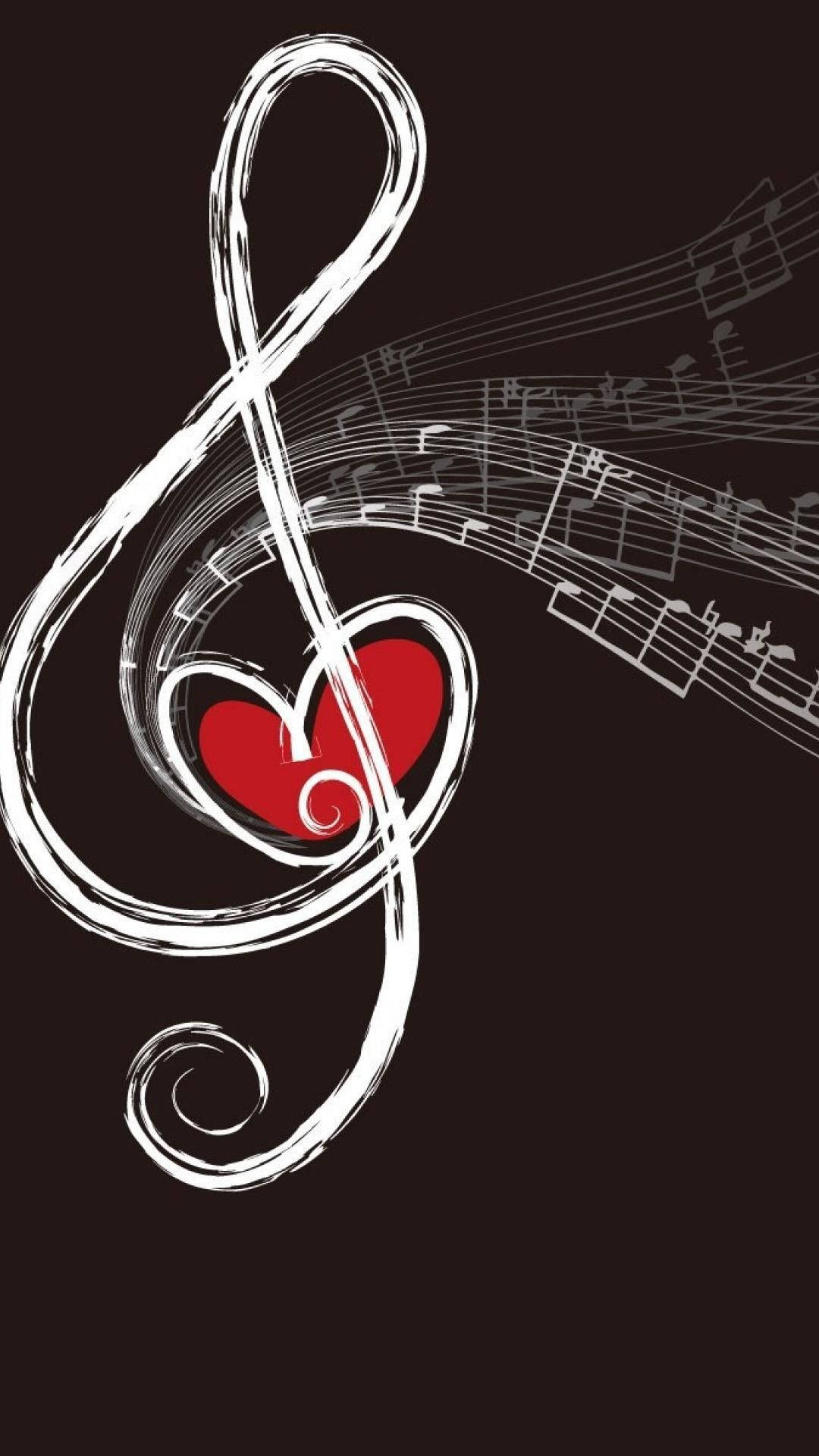 treble clef, red heart, musical notes, Full HD Phone Wallpaper