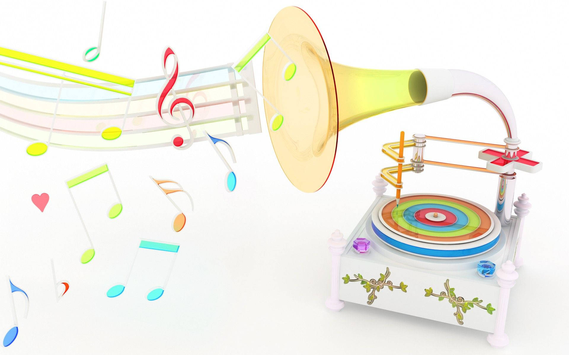 vintage gramophone, vibrant musical notes, music symbols, Full HD Desktop Wallpaper