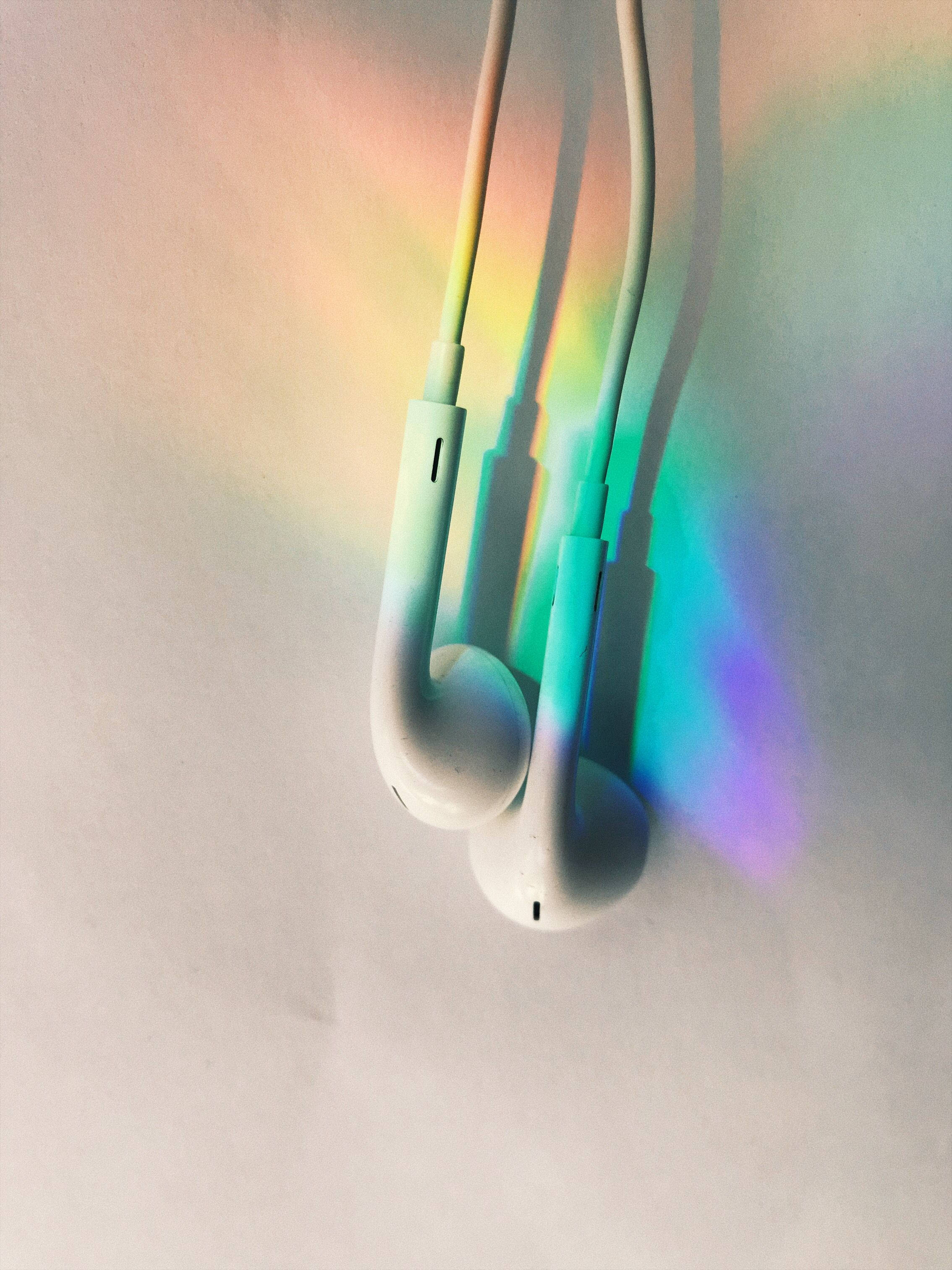 earbuds, white, vibrant rainbow prism shadow, 2K Phone Wallpaper