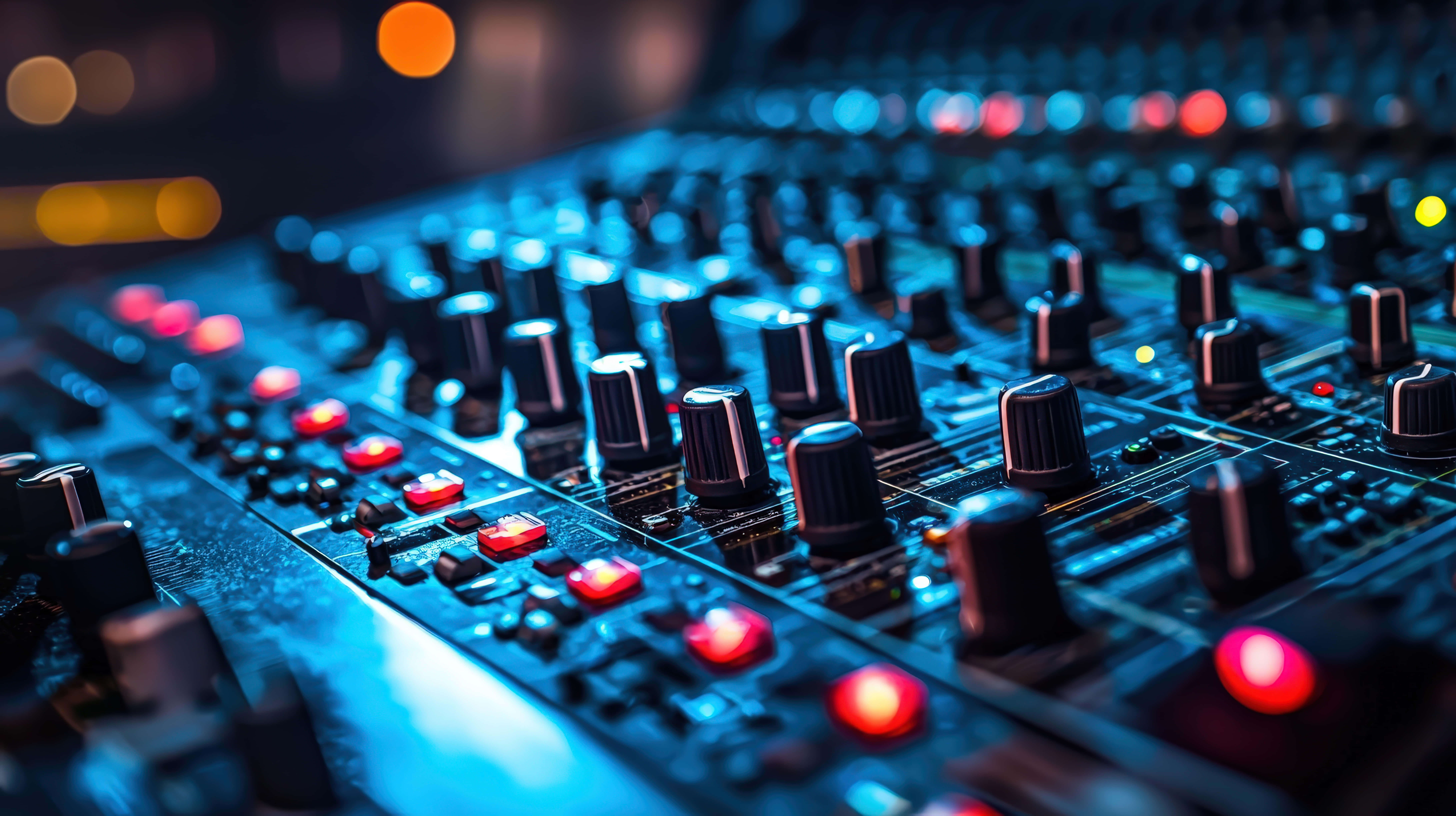 audio mixing console, glowing red buttons, blue ambient lighting, 8K Desktop Wallpaper