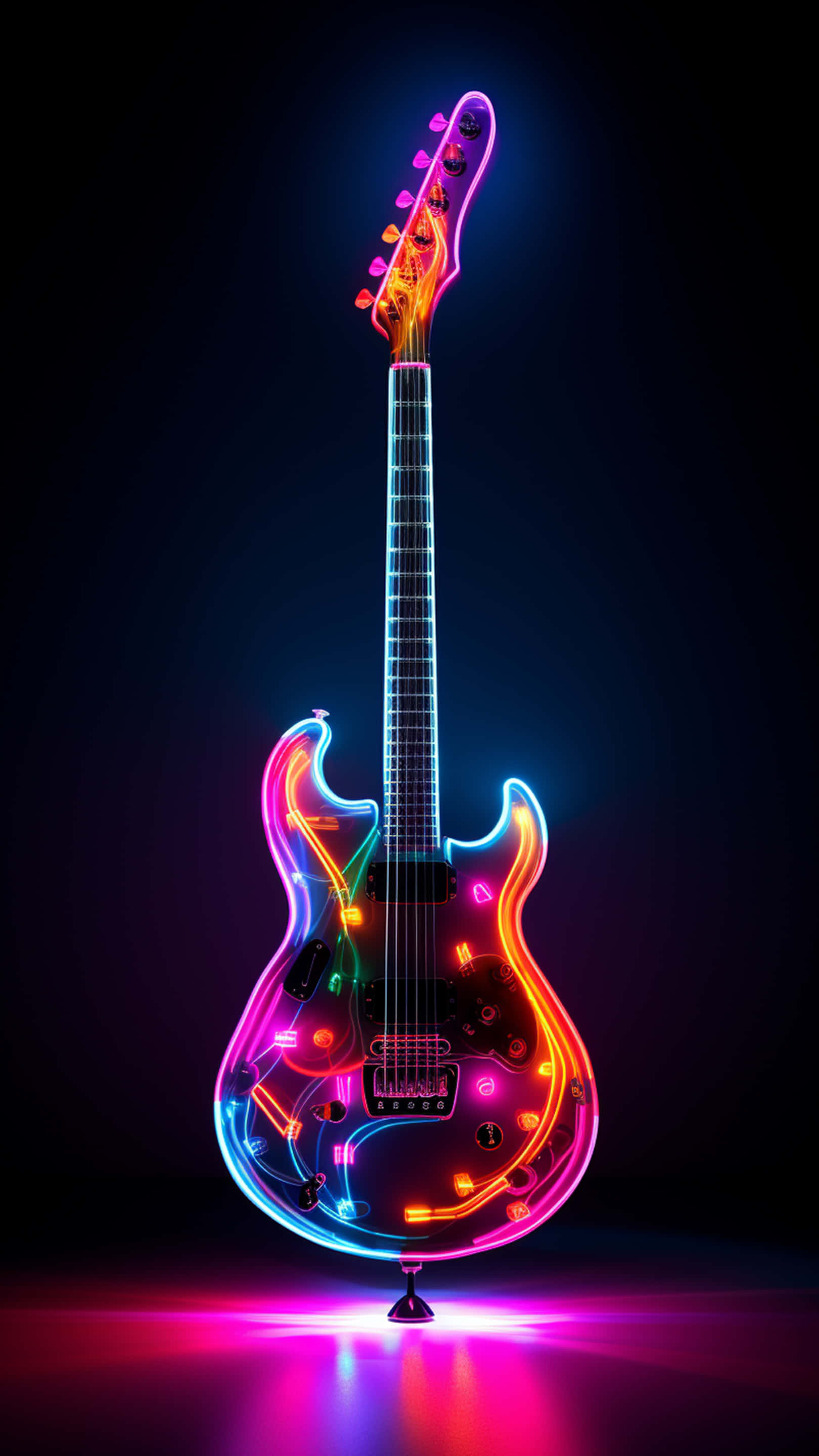 neon electric guitar, rainbow hues, dark background, 2K Phone Wallpaper