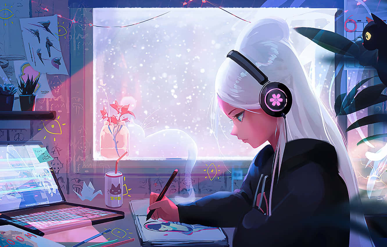 Music Anime, white hair, headphones, HD Desktop Wallpaper