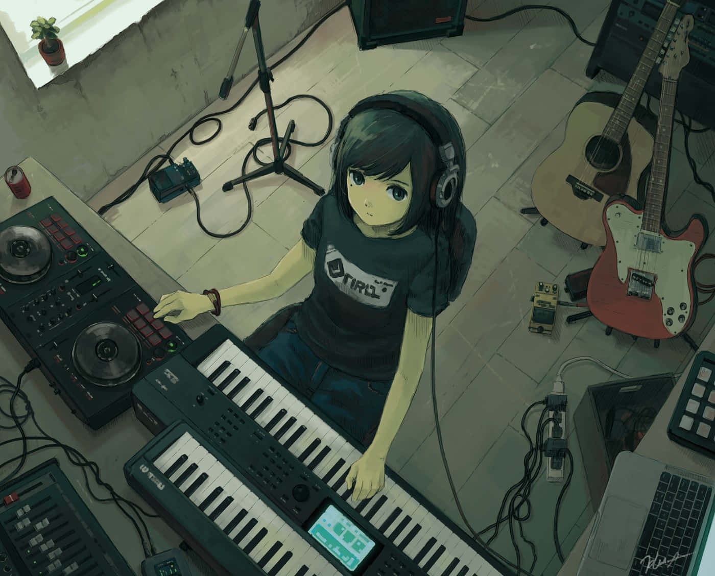 anime girl, headphones, keyboard, HD Desktop Wallpaper