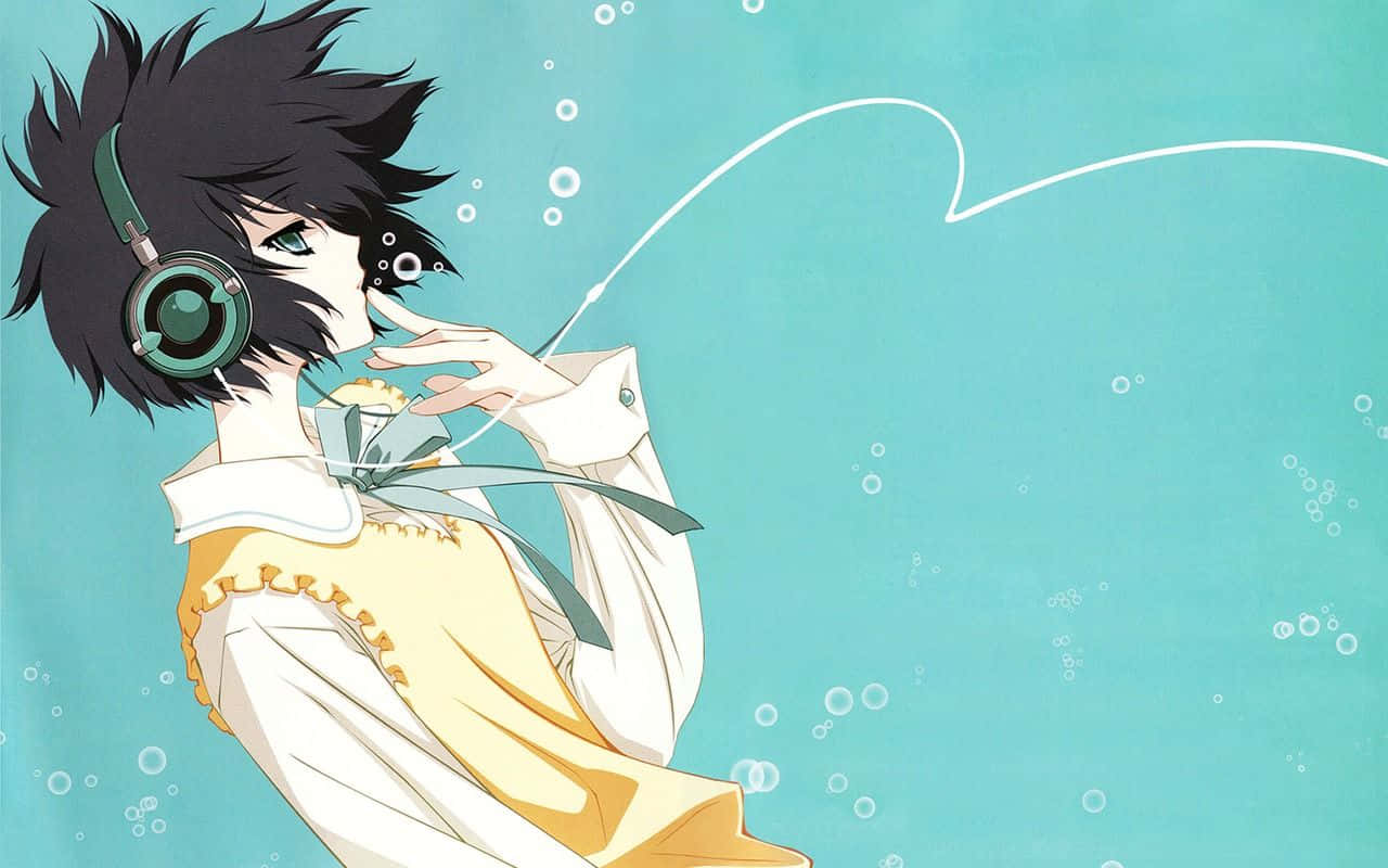 anime boy, spiky black hair, green headphones, HD Desktop Wallpaper