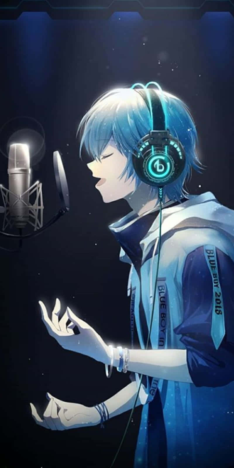 blue-haired anime boy, glowing headphones, mic, HD Phone Wallpaper