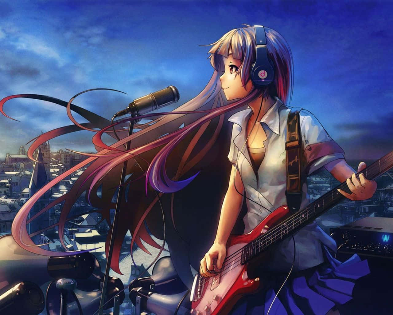 Anime girl, purple hair, red electric guitar, HD Desktop Wallpaper