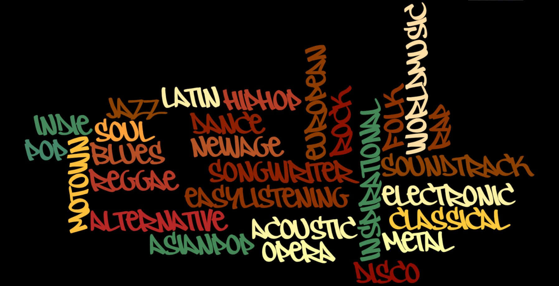 Music Genres, word cloud, colorful stylized fonts, HD Desktop Wallpaper