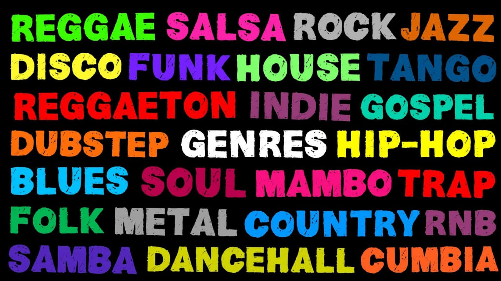 graffiti-style text, musical genres, bold rainbow colors, HD Desktop Wallpaper