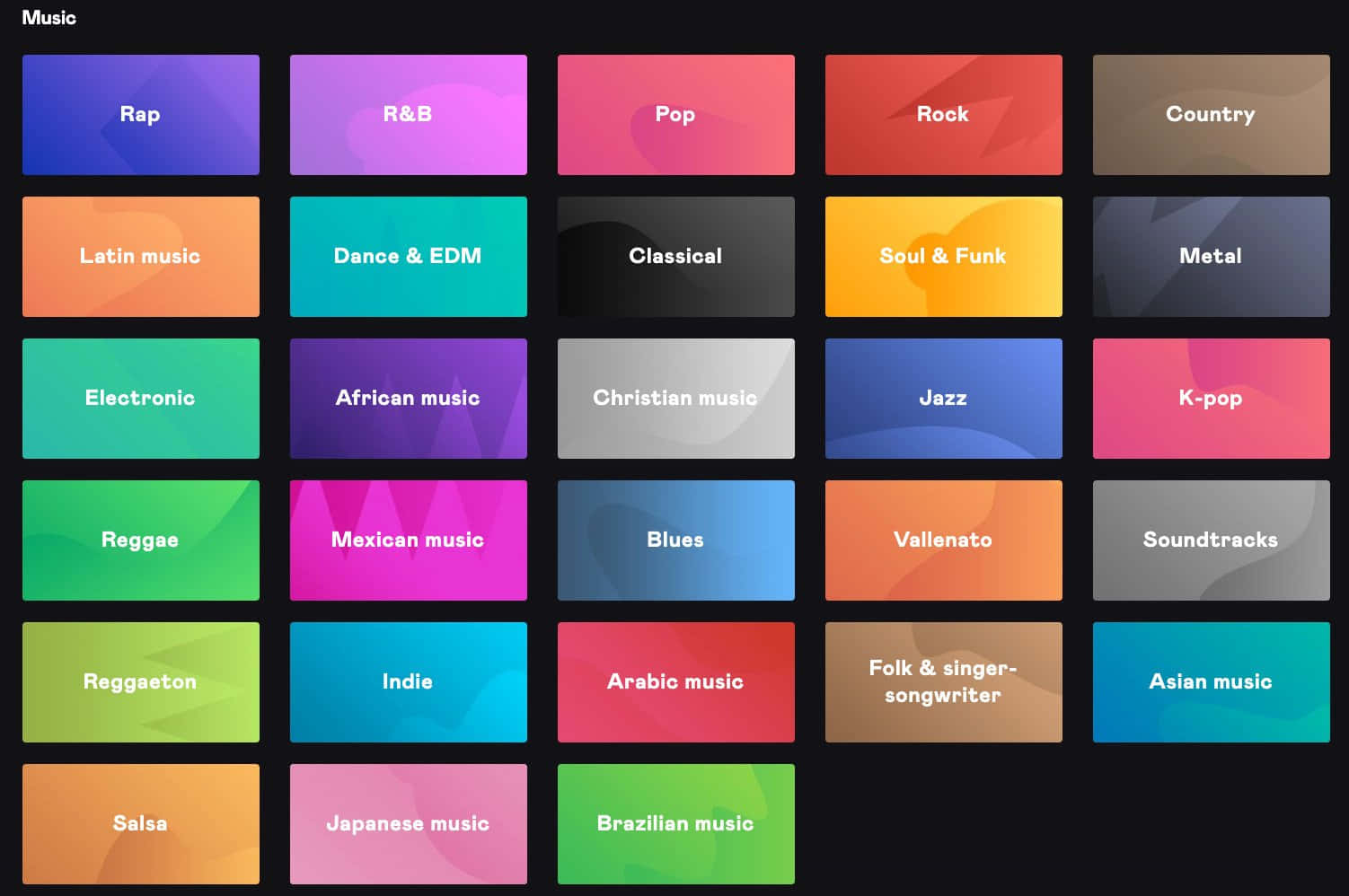 Music Genres, dark background, colorful music genre tiles, HD Desktop Wallpaper