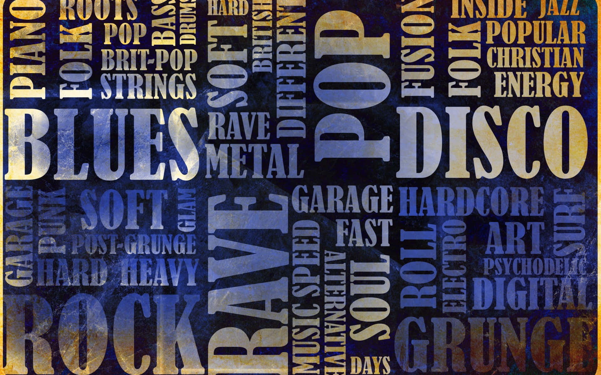 vintage blue and gold background, bold typography, textured collage, Full HD Desktop Wallpaper