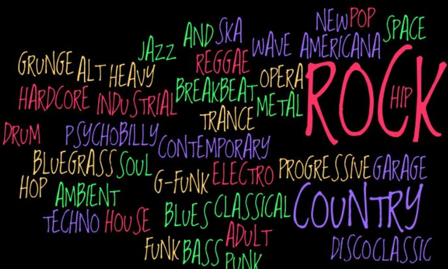 neon-colored, music genres, black background, HD Desktop Wallpaper