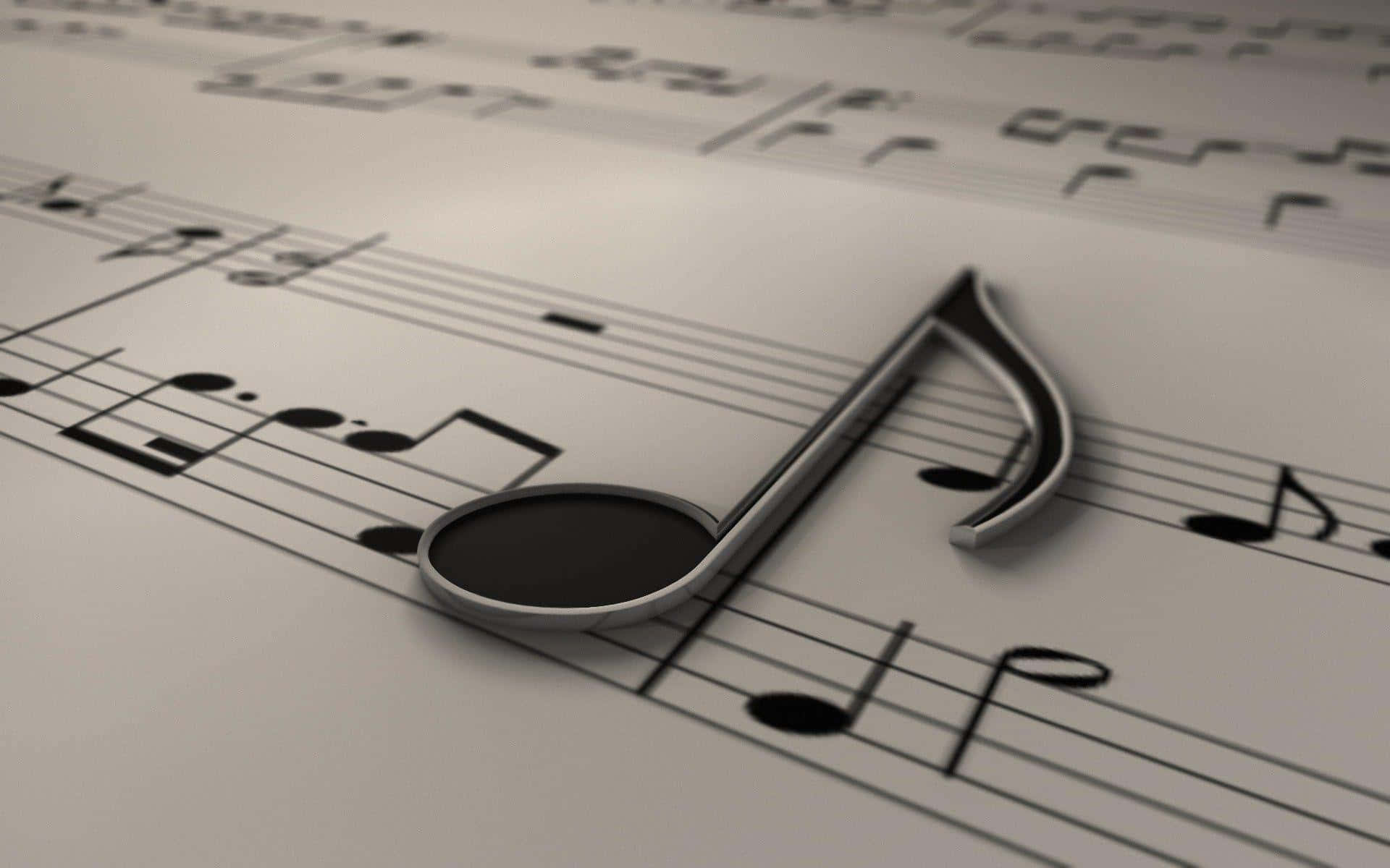 metallic musical note, sheet of printed music, shallow depth of field, Full HD Desktop Wallpaper