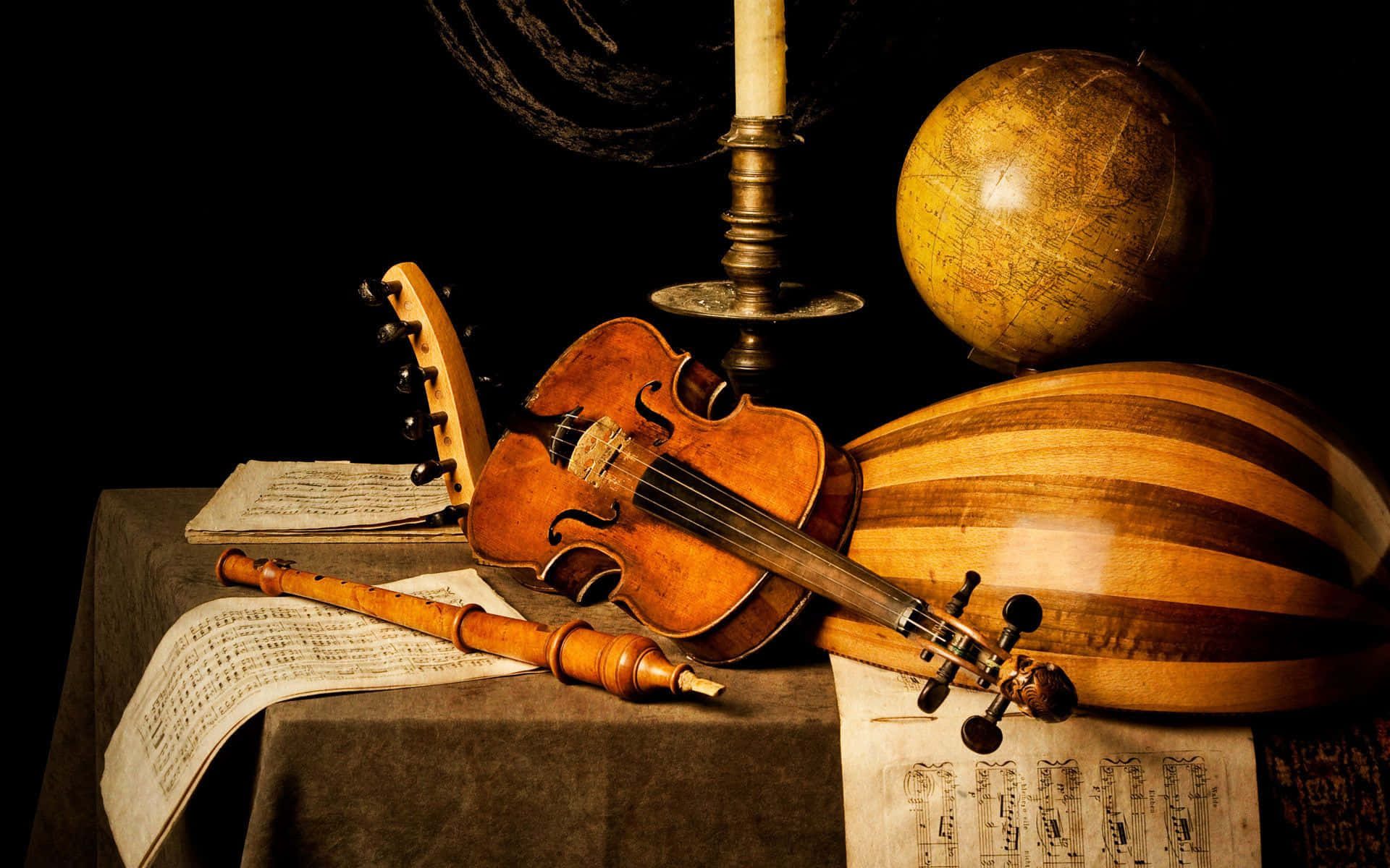 classical music, vintage musical instruments, globe, Full HD Desktop Wallpaper