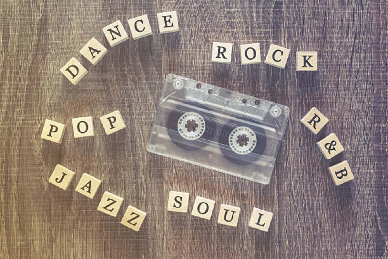 vintage cassette tape, wooden surface, letter tiles, HD Desktop Wallpaper