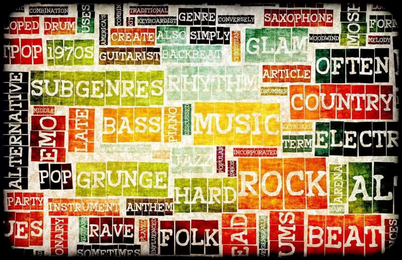 music genres, vibrant collage, music genre words, HD Desktop Wallpaper
