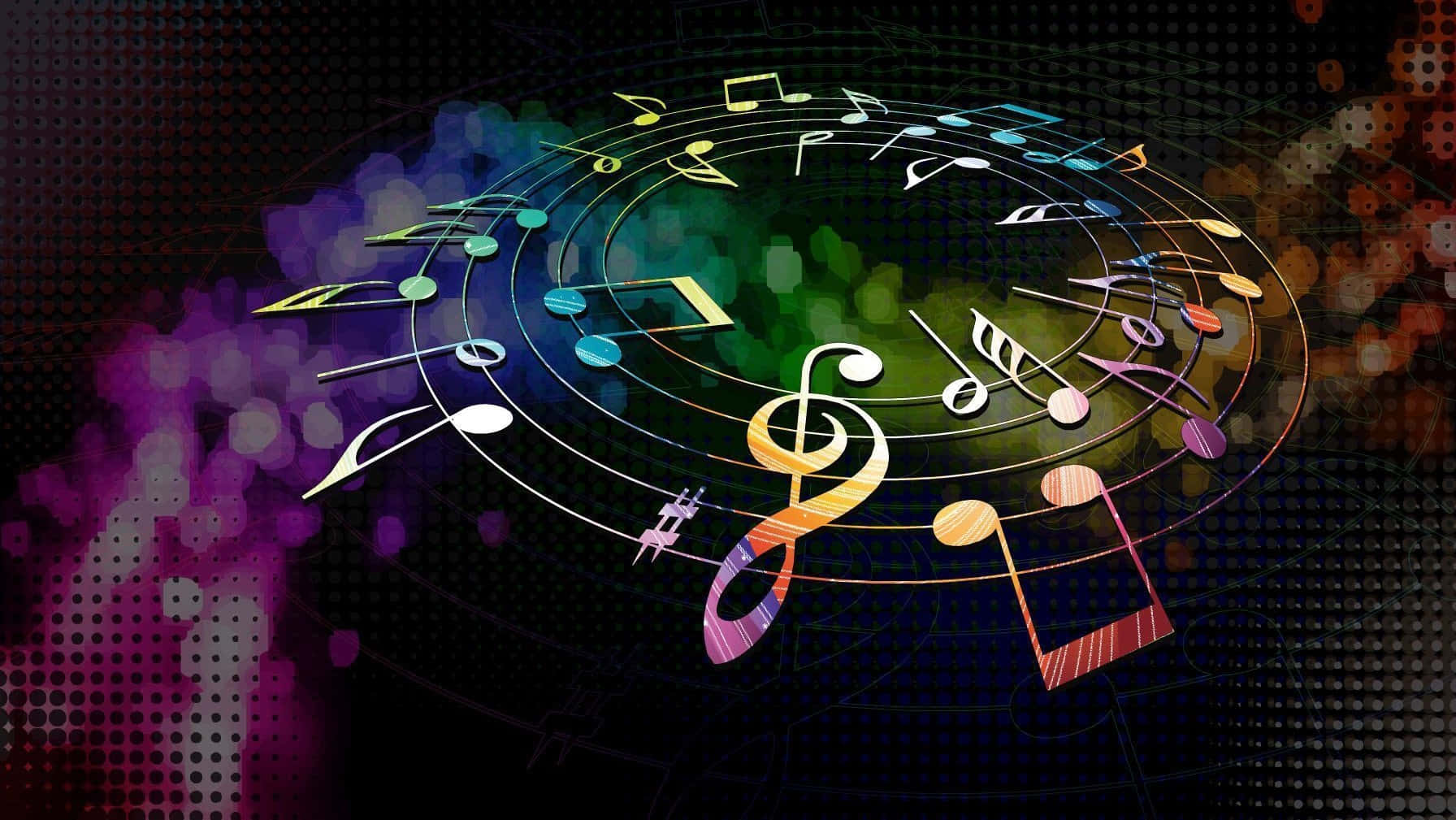 music notes, colorful circular pattern, dark dotted background, HD Desktop Wallpaper