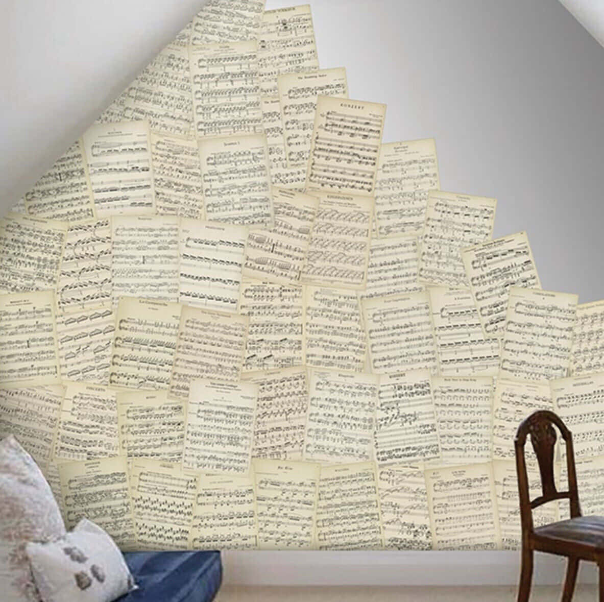 cozy attic room, sloped wall, vintage sheet music, SD Desktop Wallpaper
