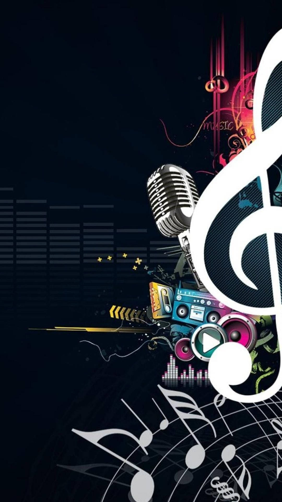 Music Phone, colorful notes, vintage mic, Full HD Phone Wallpaper