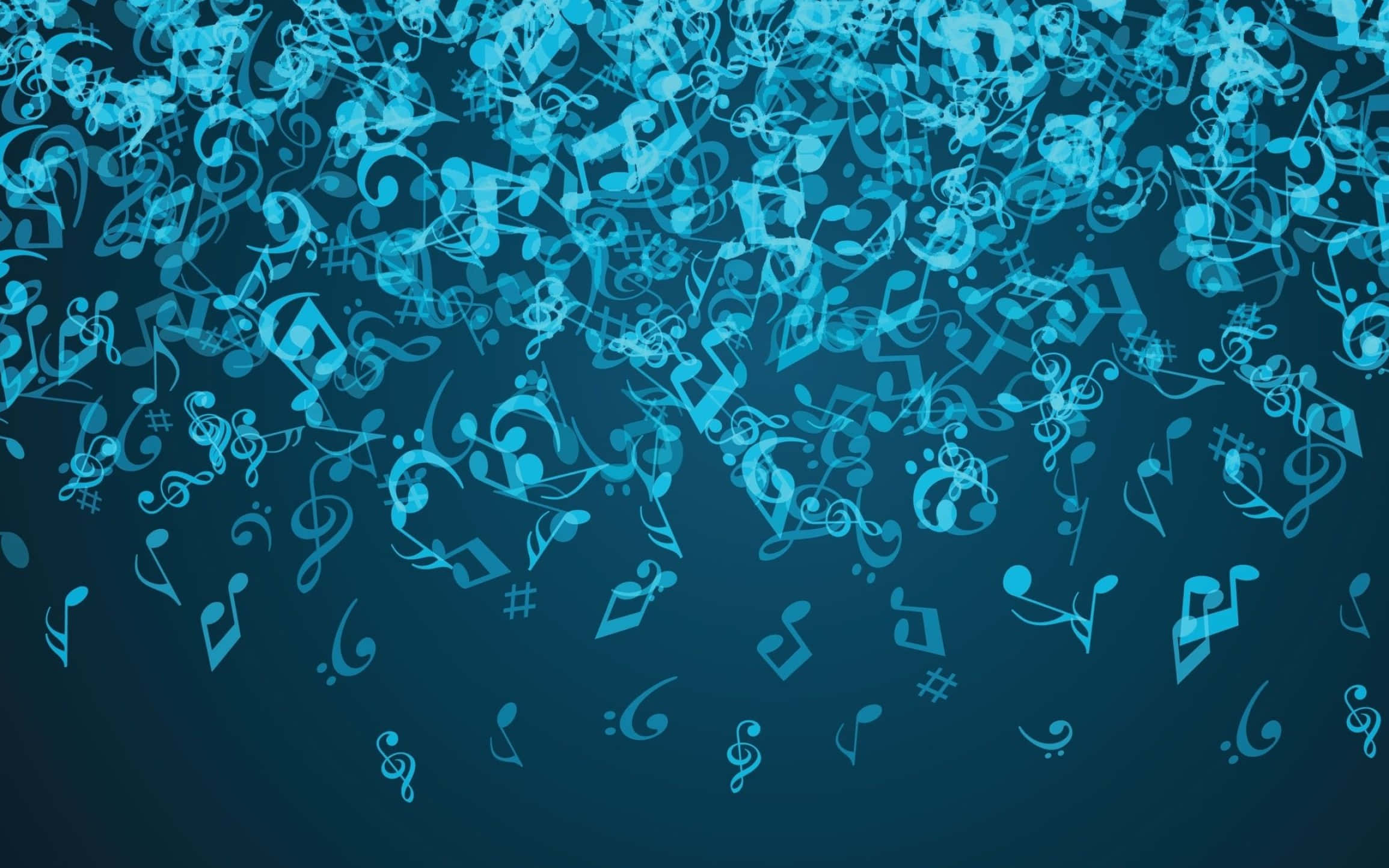 glowing blue musical notes, musical symbols, dark blue gradient background, Full HD Desktop Wallpaper