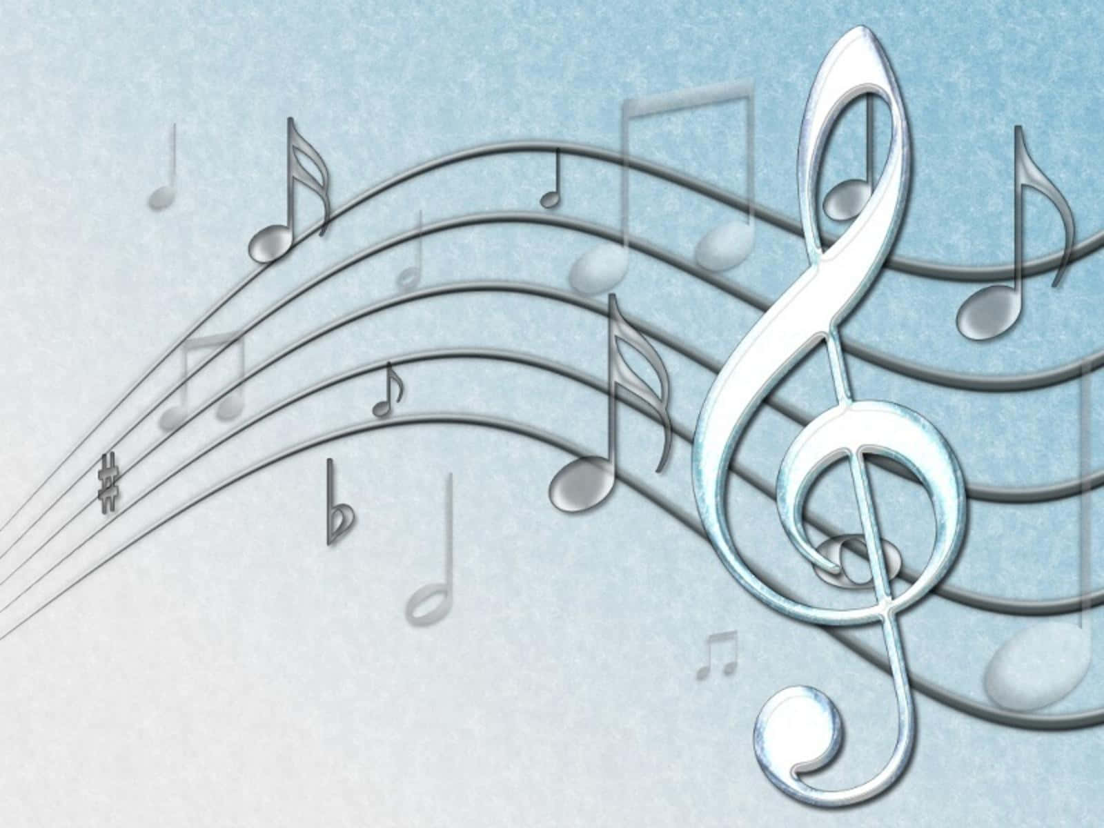 silver treble clef, musical notes, curved staves, HD Desktop Wallpaper