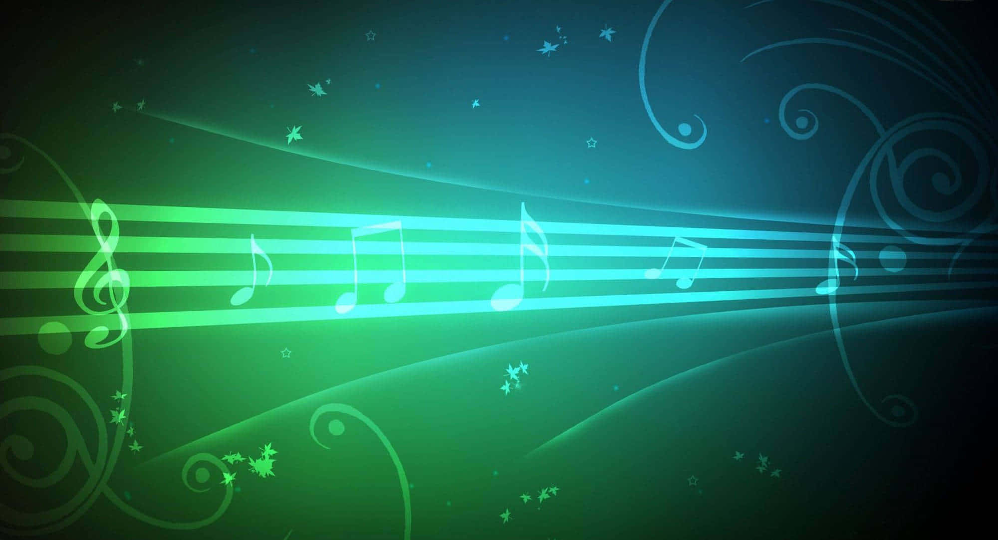 Glowing green musical notes, gradient teal background, swirling patterns, Full HD Desktop Wallpaper