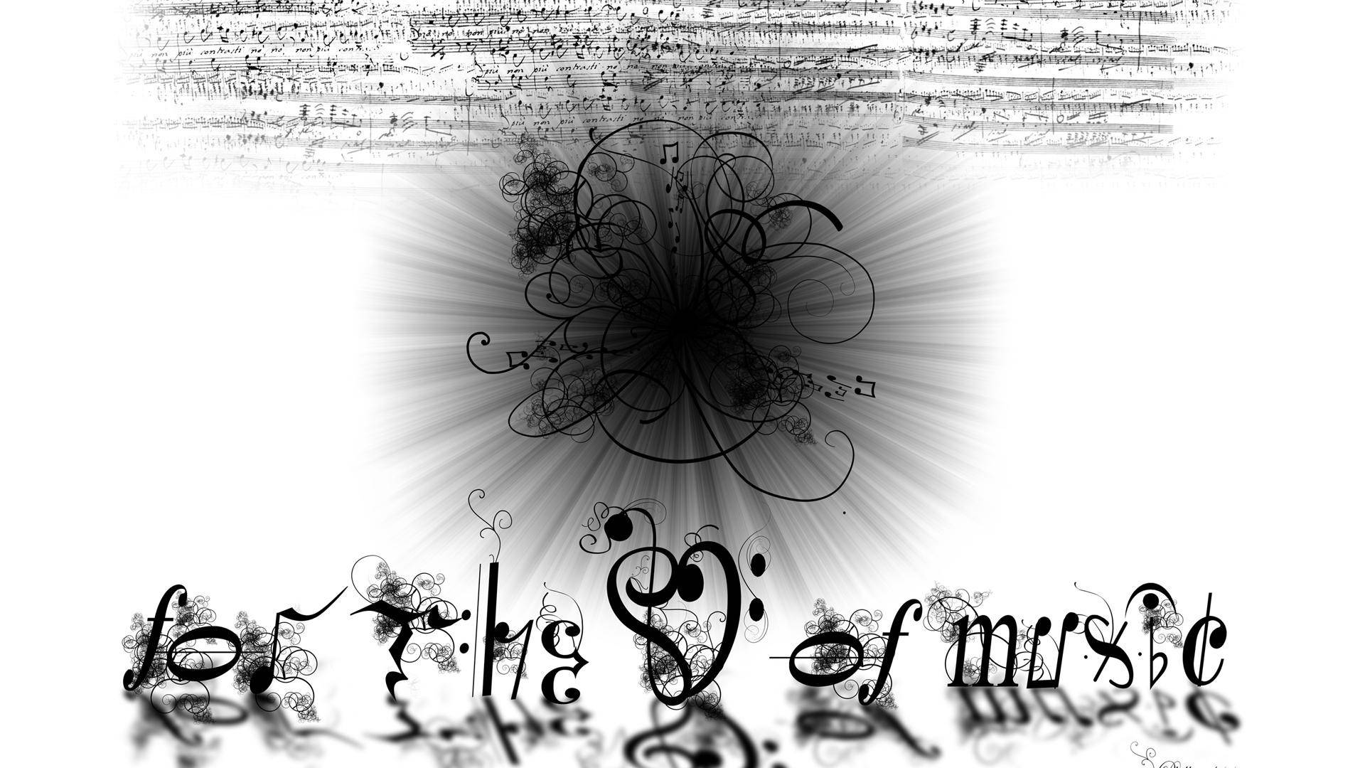 black and white abstract design, swirling musical notes, text radiating from a central burst, Full HD Desktop Wallpaper