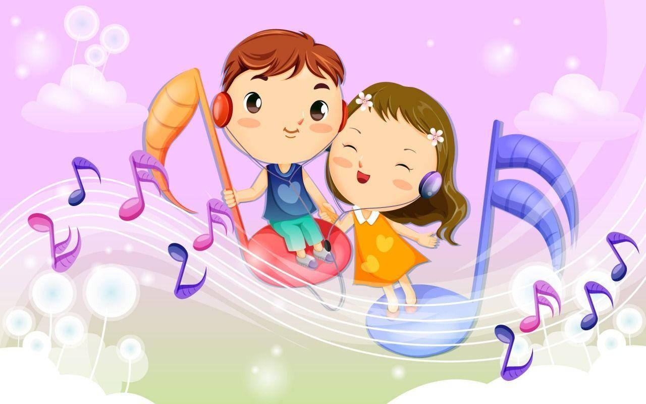 cute love musical notes, two smiling children, headphones, HD Desktop Wallpaper