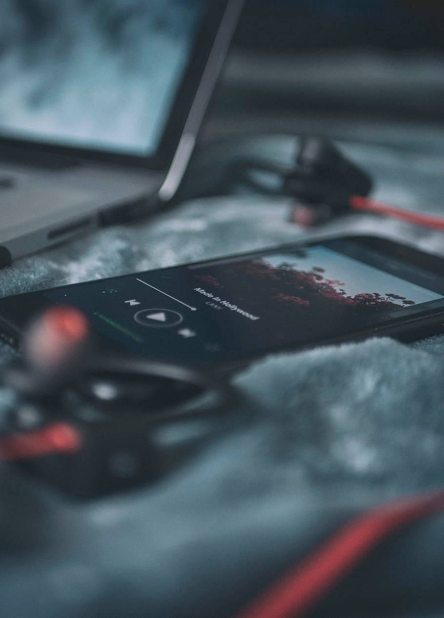 music phone, gray blanket, laptop, SD Phone Wallpaper