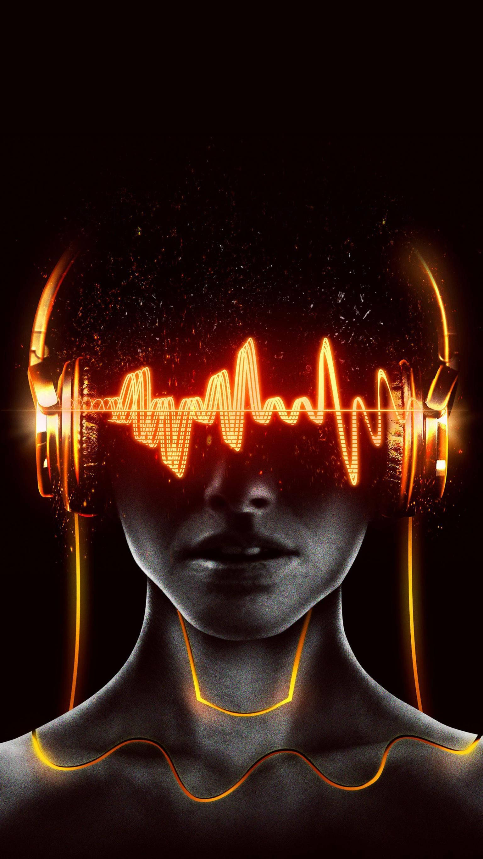 glowing orange headphones, vibrant soundwave, dark background, 2K Phone Wallpaper