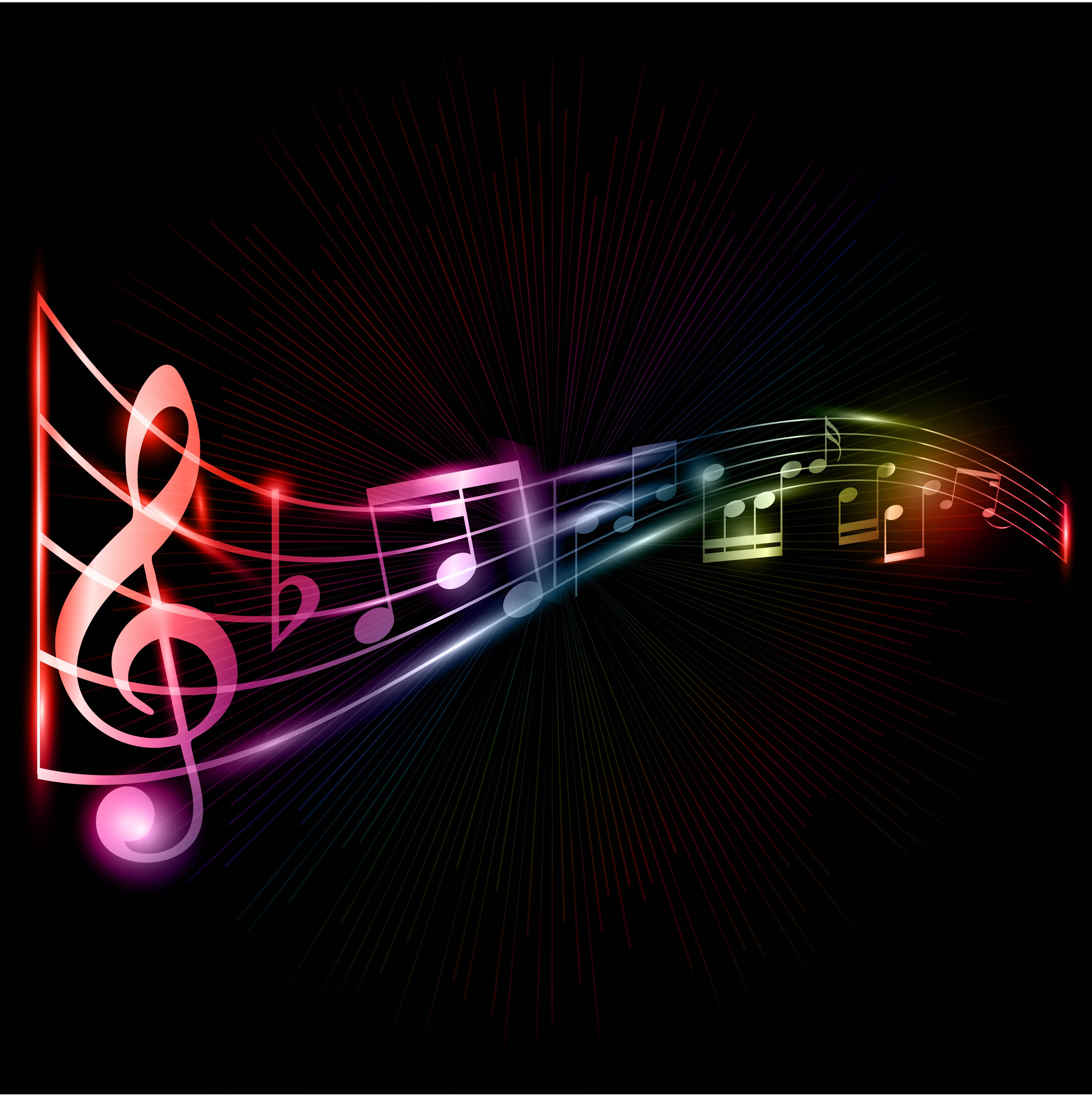 music symbols, music sheet, black background, 4K Phone Wallpaper