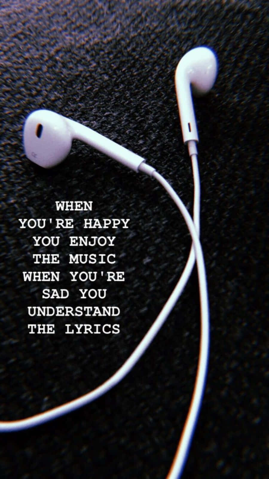 white earbuds, dark textured fabric, text about music and emotion, HD Phone Wallpaper
